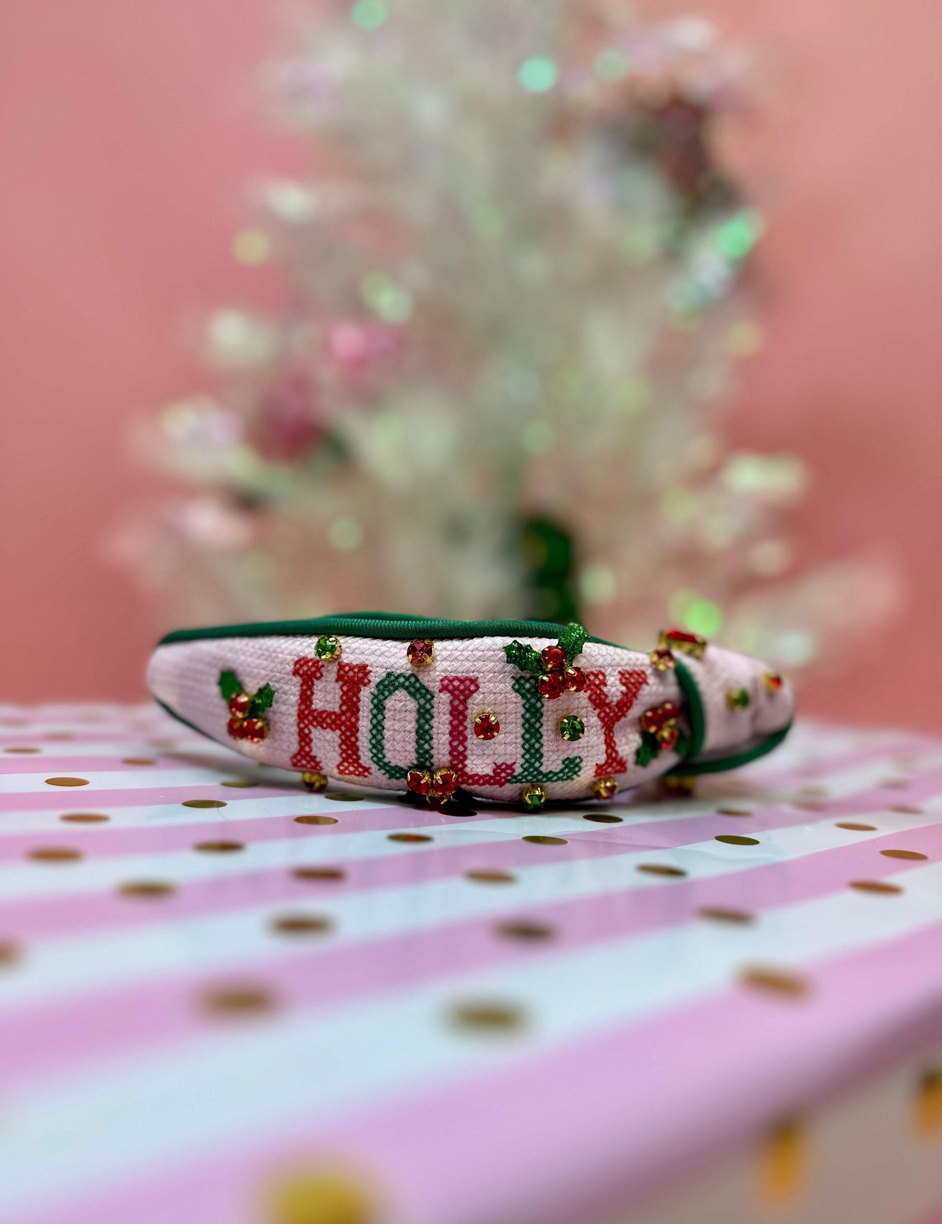 Cross Stitch Holly Jolly Headband with Crystals - Adult Size