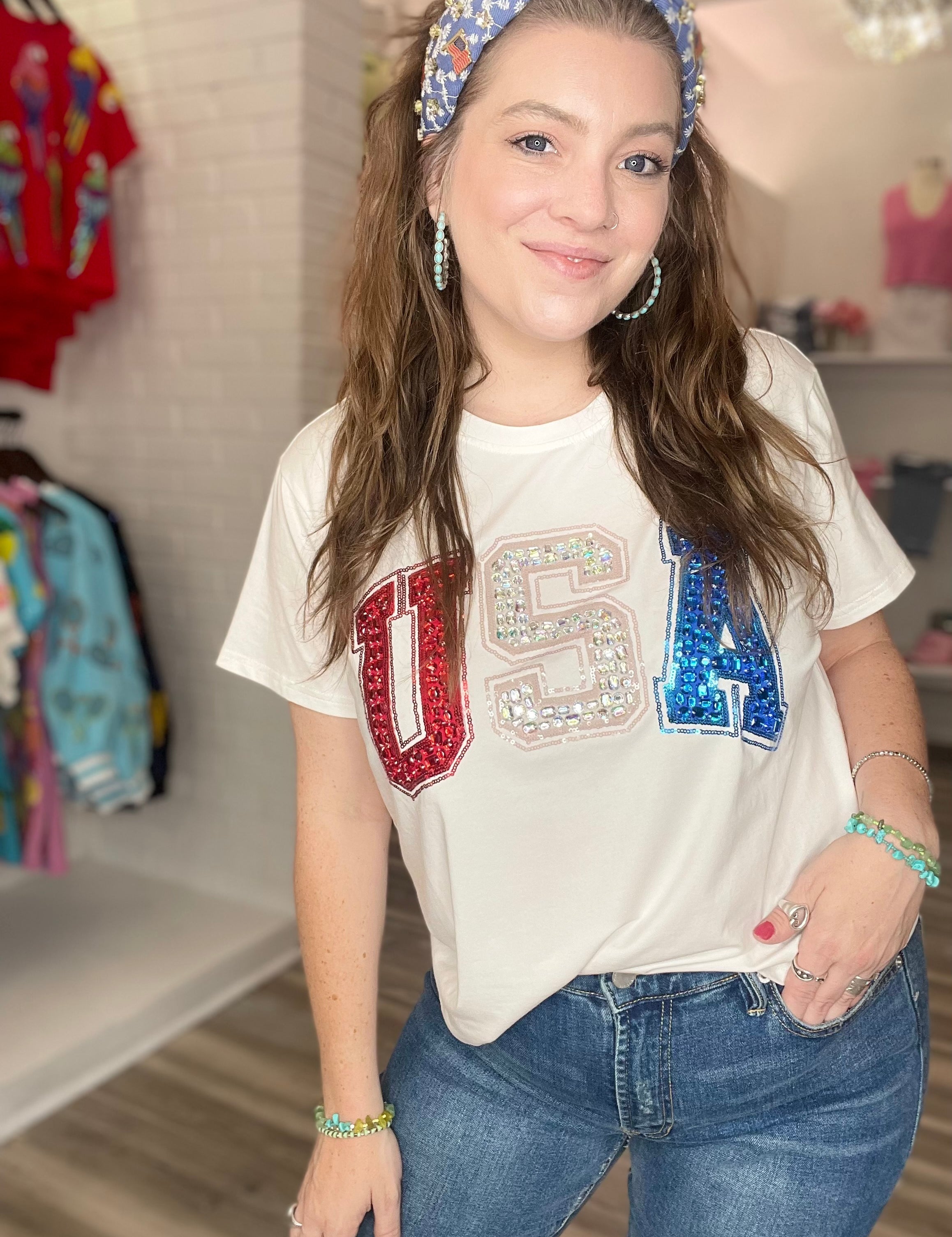 Beaded USA Tee- White [Queen of Sparkles]