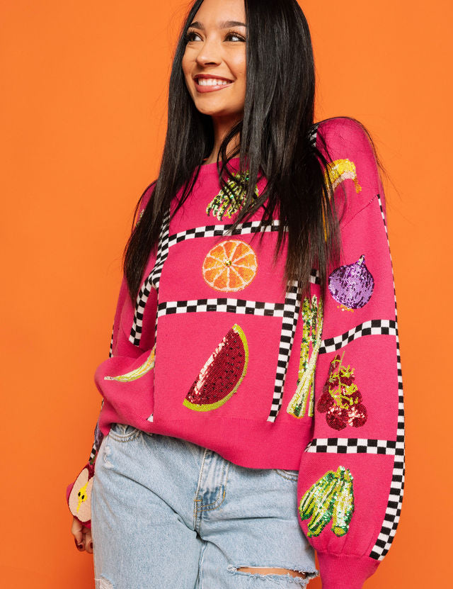 Preorder - Checker Fruit Sweater - Hot Pink, Black, & White [Queen of Sparkles]