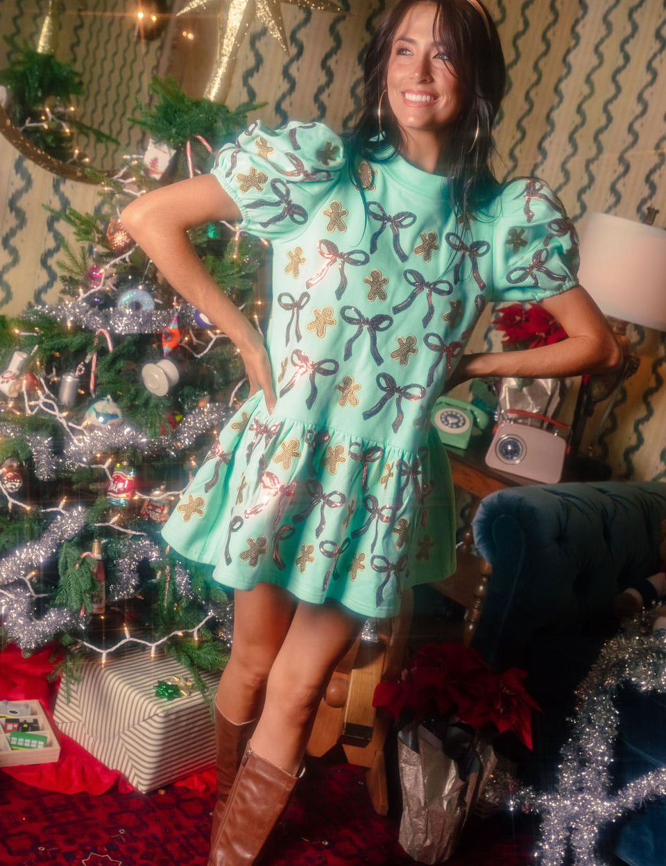 Gingerbread Men & Bows Dress - Mint Green [Queen of Sparkles]