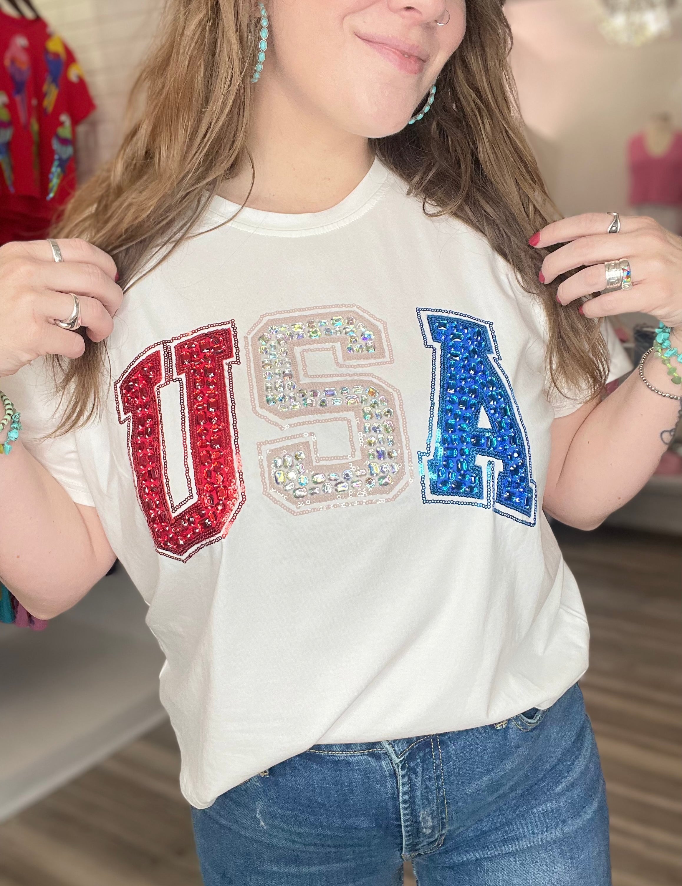 Beaded USA Tee- White [Queen of Sparkles]