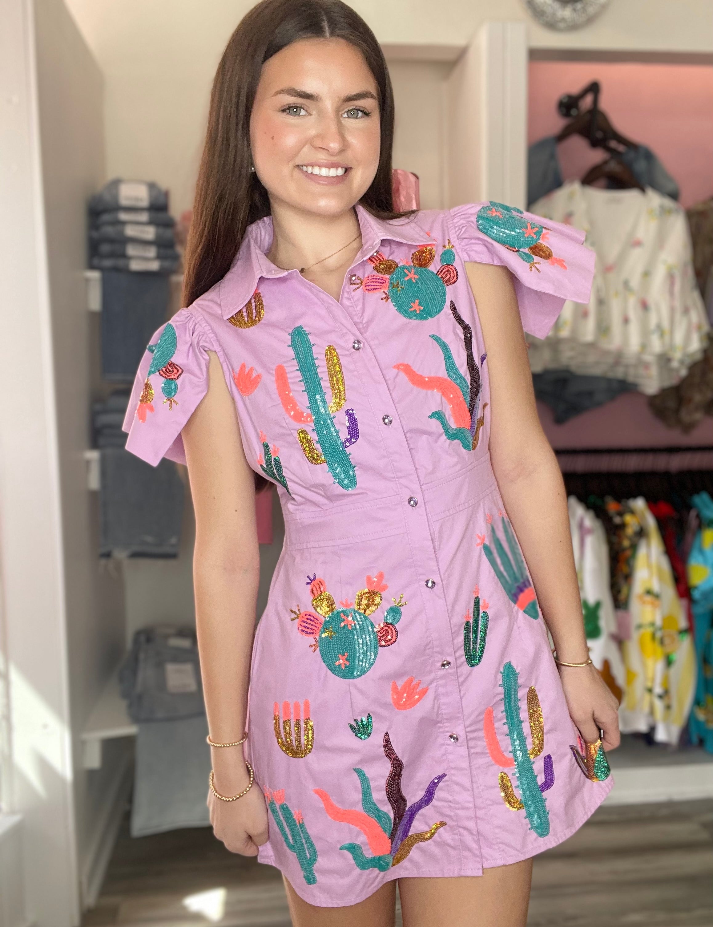 Scattered Cactus Button Up Dress Lavender Queen of Sparkles