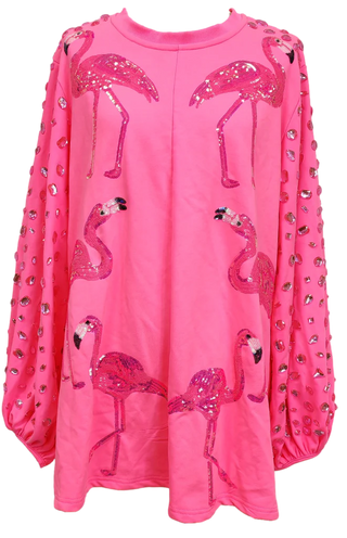 Flamingo Rhinestone Sleeve Dress Neon Pink Queen of Sparkles