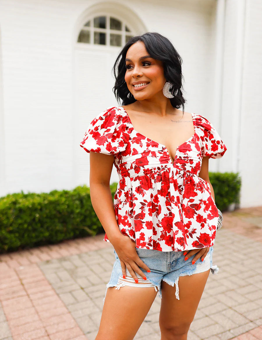 BuddyLove Houston Puff Sleeve Top Scarlet Flower