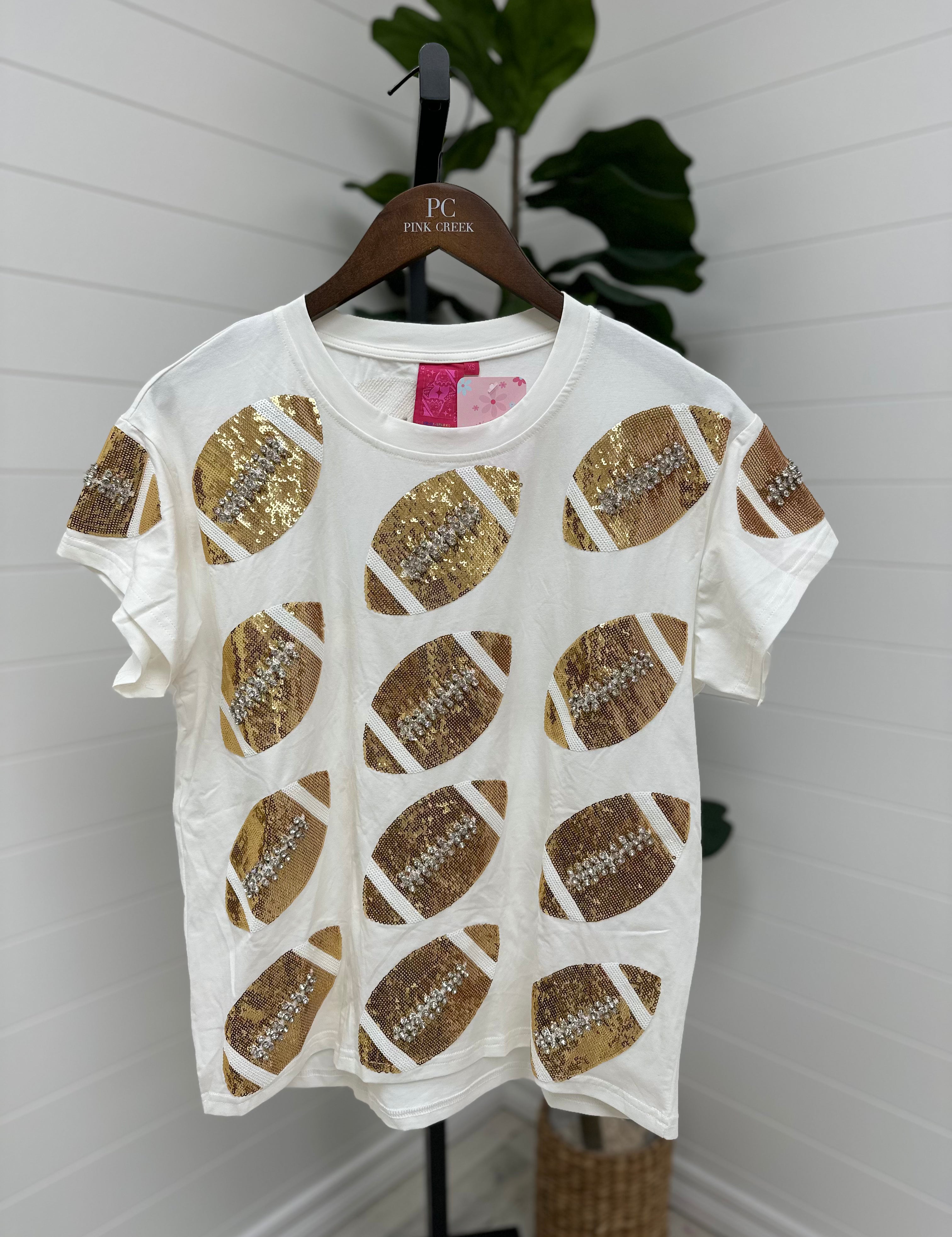 Rhinestone Lace Football Tee - White & Gold [Queen of Sparkles]