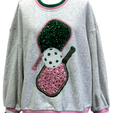 Jeweled Sport Stripe Pickle Ball Sweatshirt - Grey, Green & Pink [Queen of Sparkles]