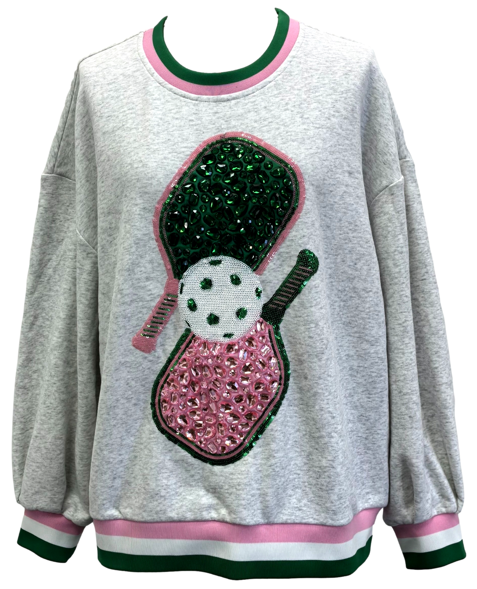 Jeweled Sport Stripe Pickle Ball Sweatshirt - Grey, Green & Pink [Queen of Sparkles]