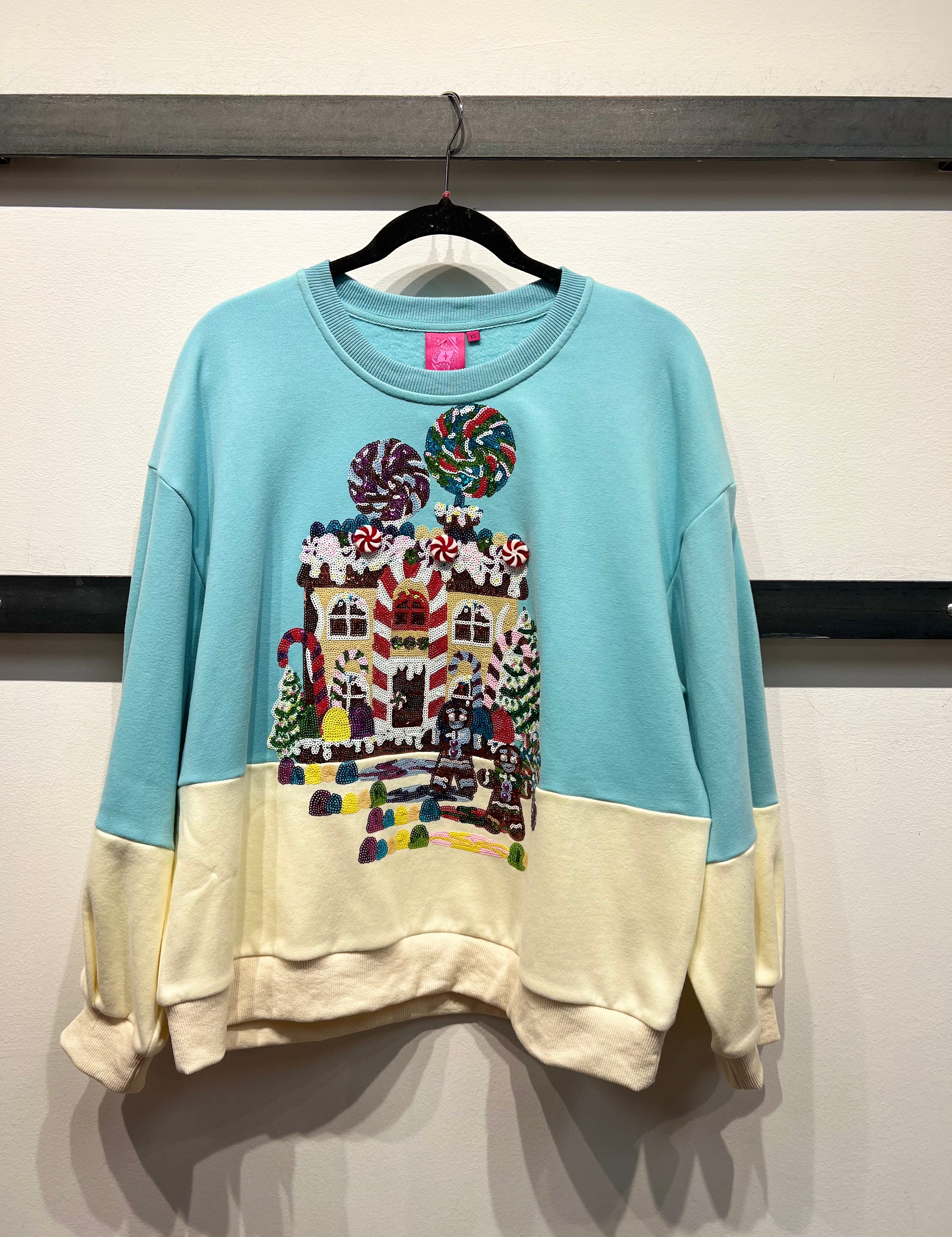 Gingerbread House Scene Sweatshirt - Light Blue & Beige [Queen of Sparkles]