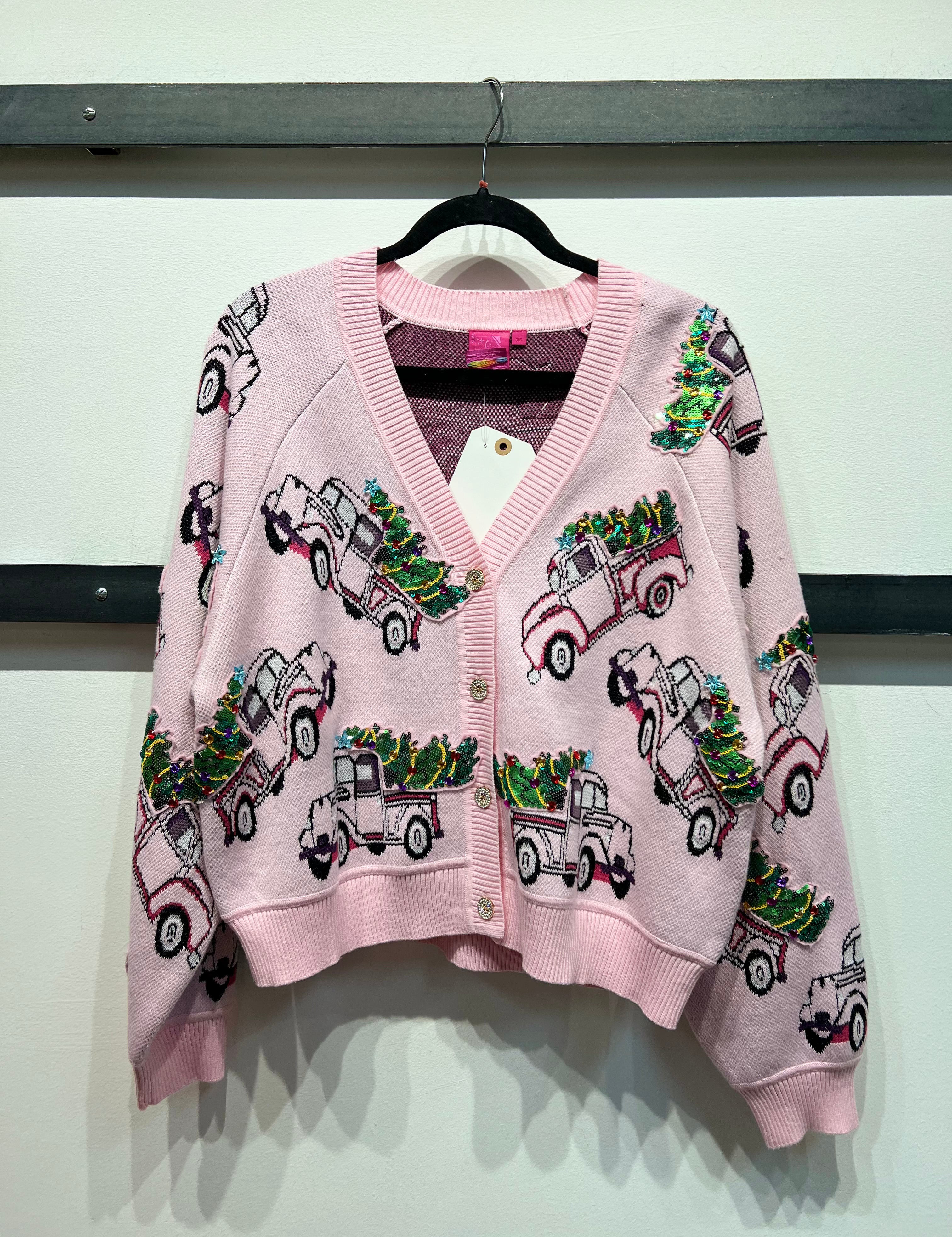 Trucks With Christmas Trees Cardigan - Light Pink [Queen of Sparkles]