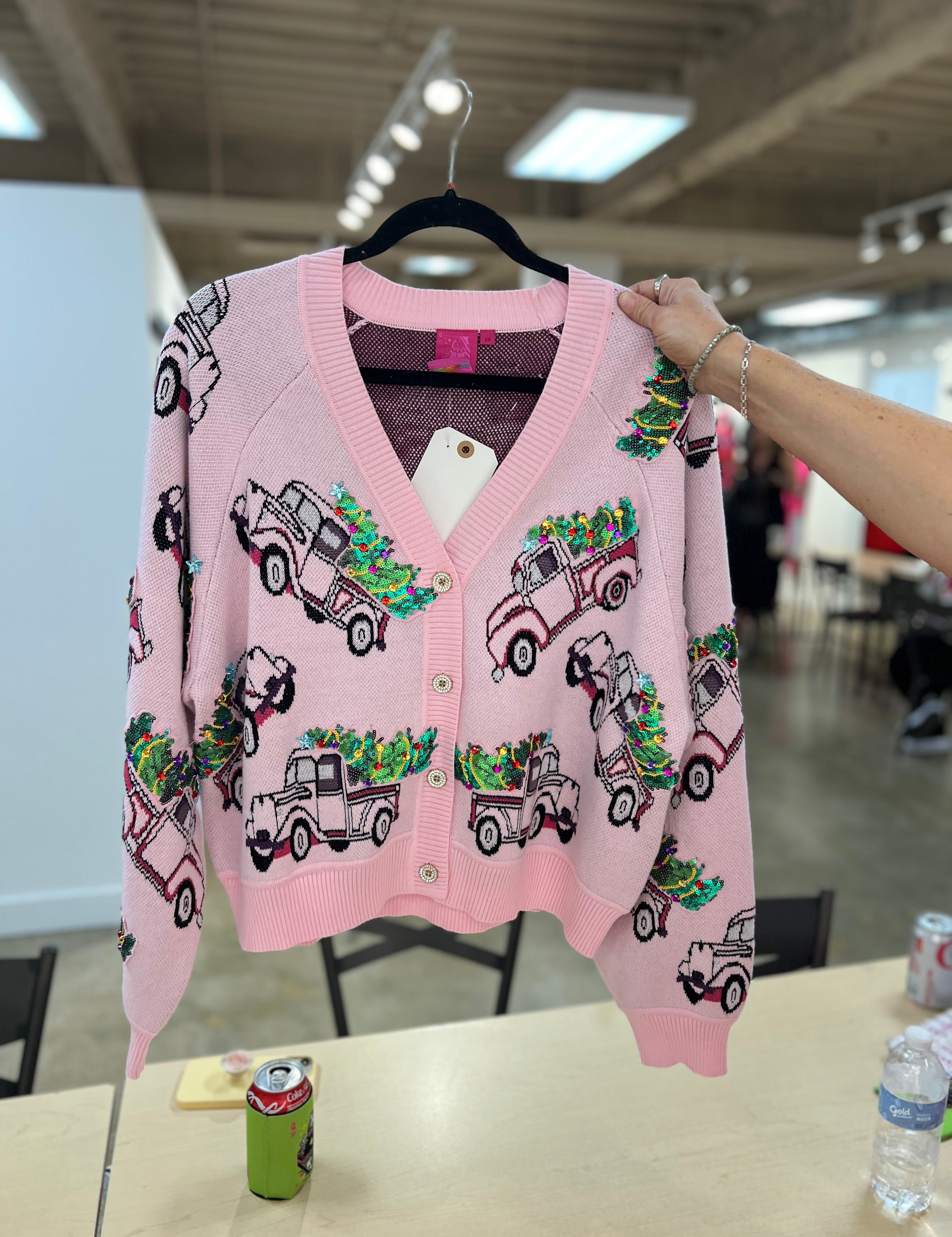 Trucks With Christmas Trees Cardigan - Light Pink [Queen of Sparkles]