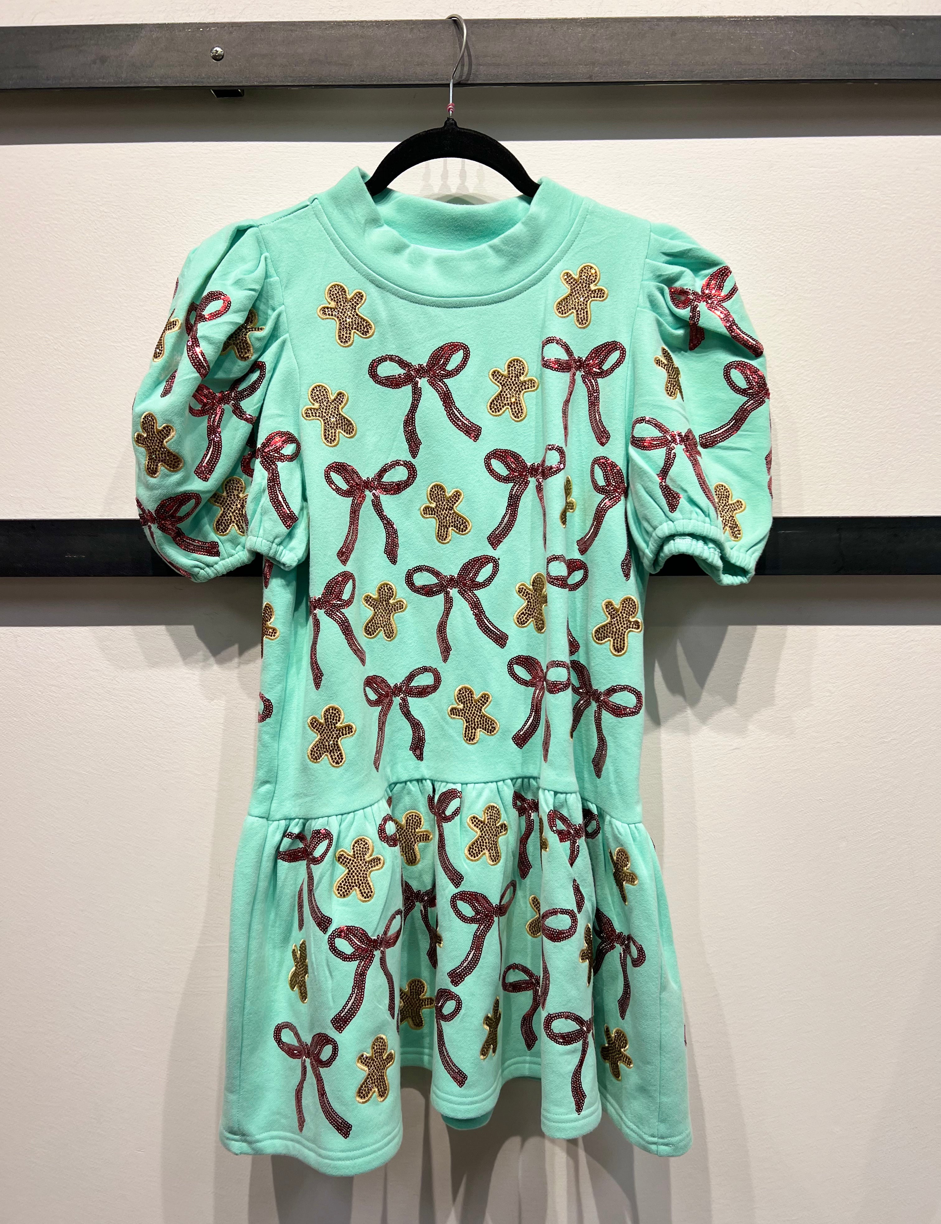 Gingerbread Men & Bows Dress - Mint Green [Queen of Sparkles]