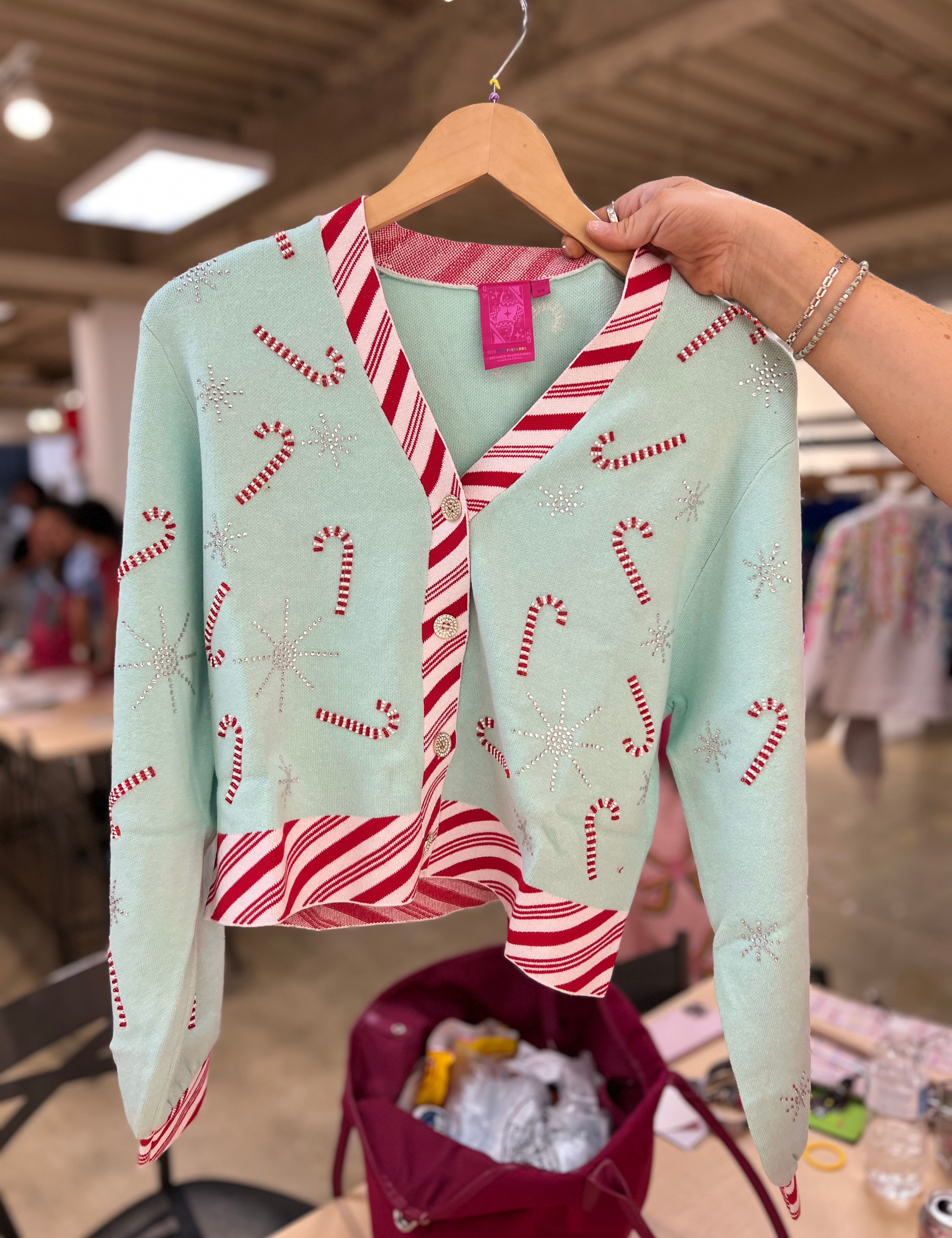 Peppermint Stripe Trim Candy Cane Snowflake Cardigan - Mint [Queen of Sparkles]