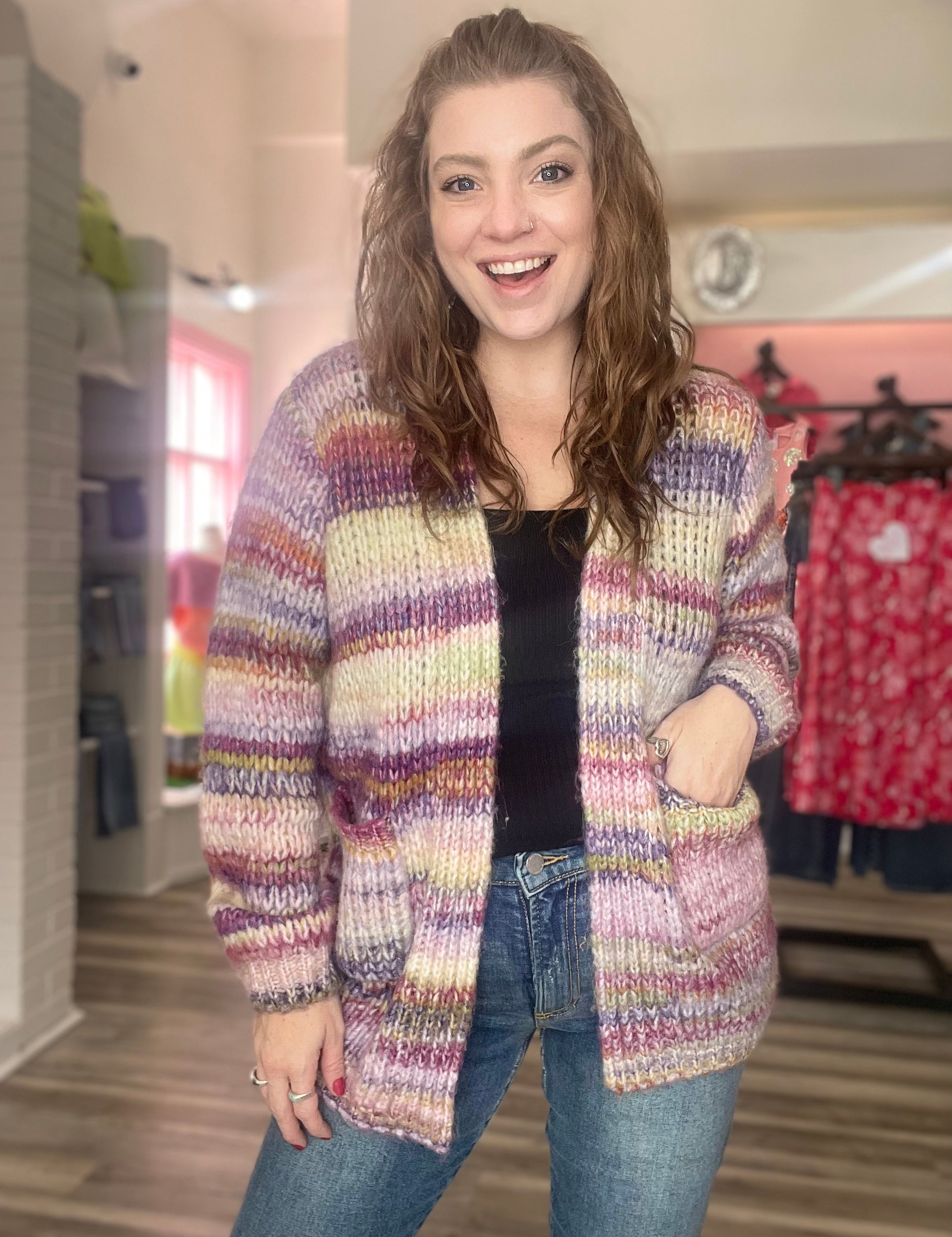 Lara Striped Knit Cardigan Mauve