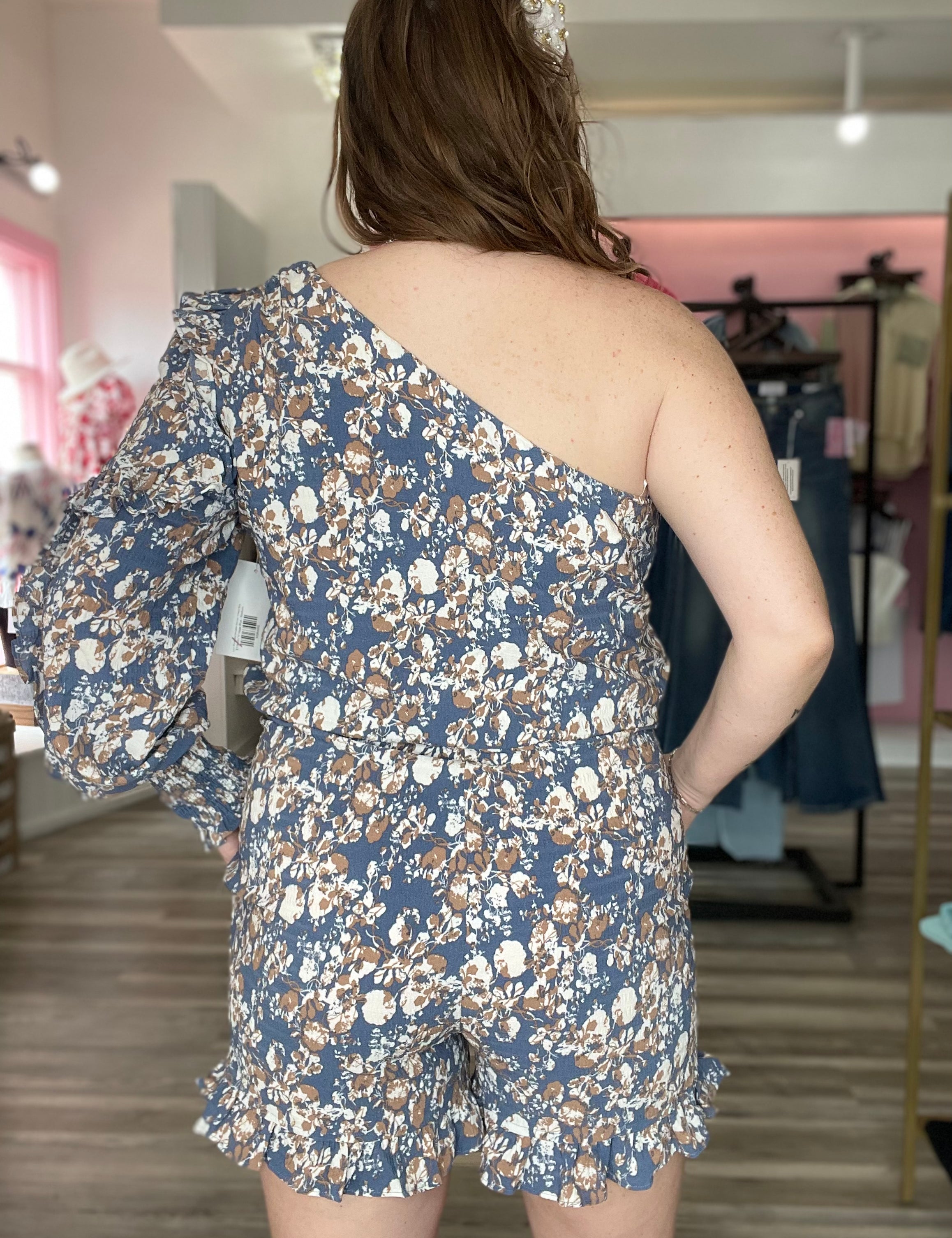 Loire Floral One Shoulder Romper Vintage Blue