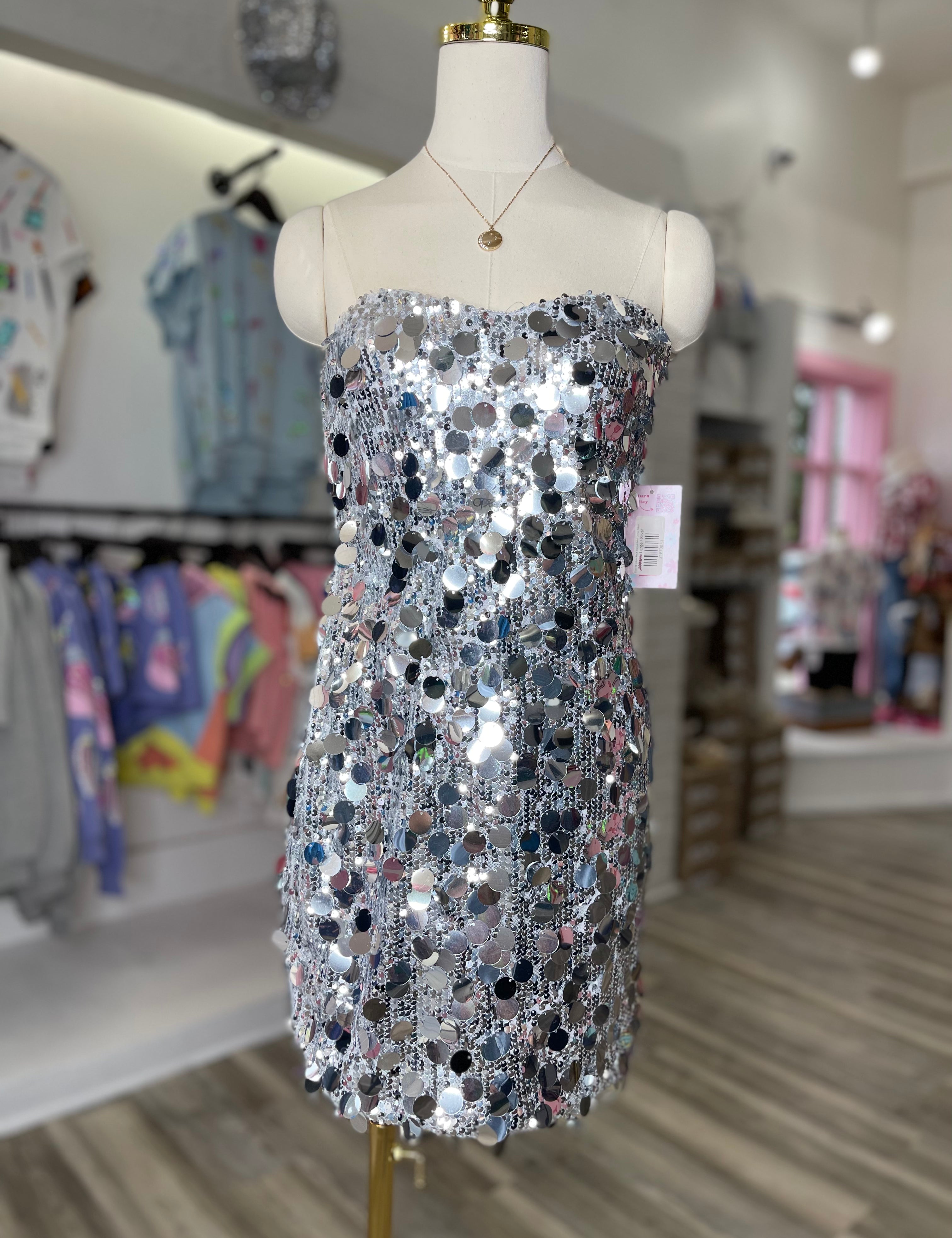 Else Strapless Multi Sequin Mini Dress Silver