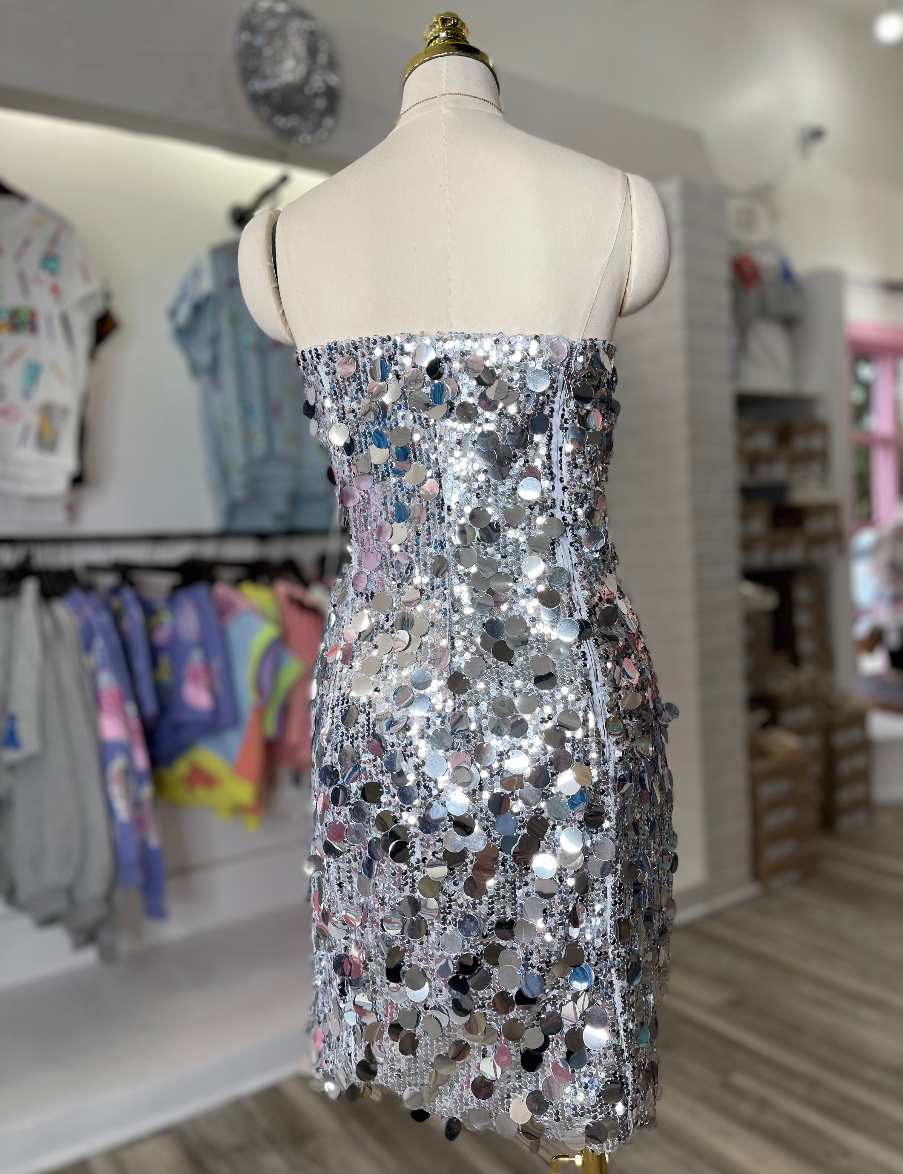 Else Strapless Multi Sequin Mini Dress Silver