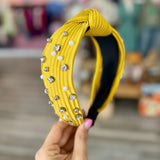 Mustard Pearl & Rhinestone Knotted Headband