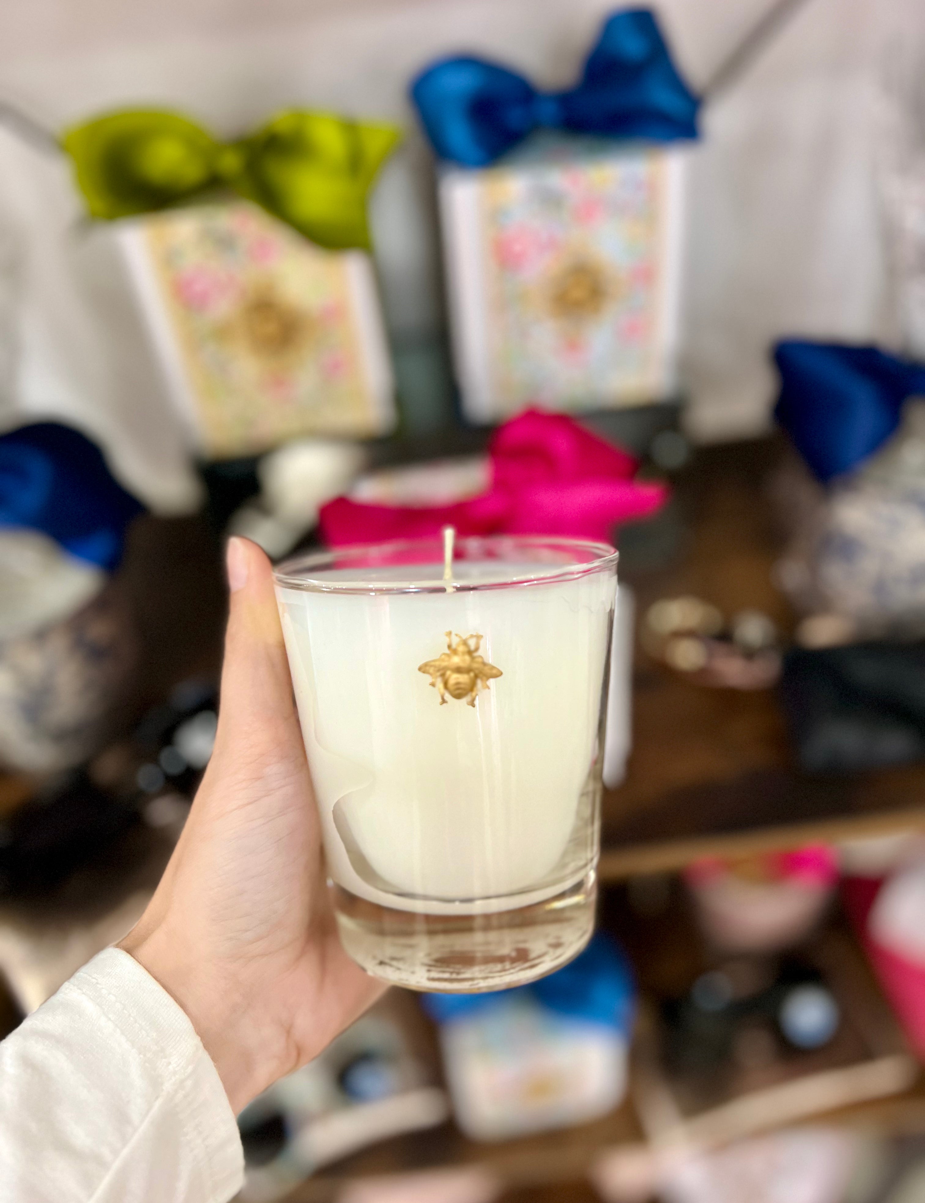 Pink Box Candle with Gold Bee Emblem - Lemon Verbana