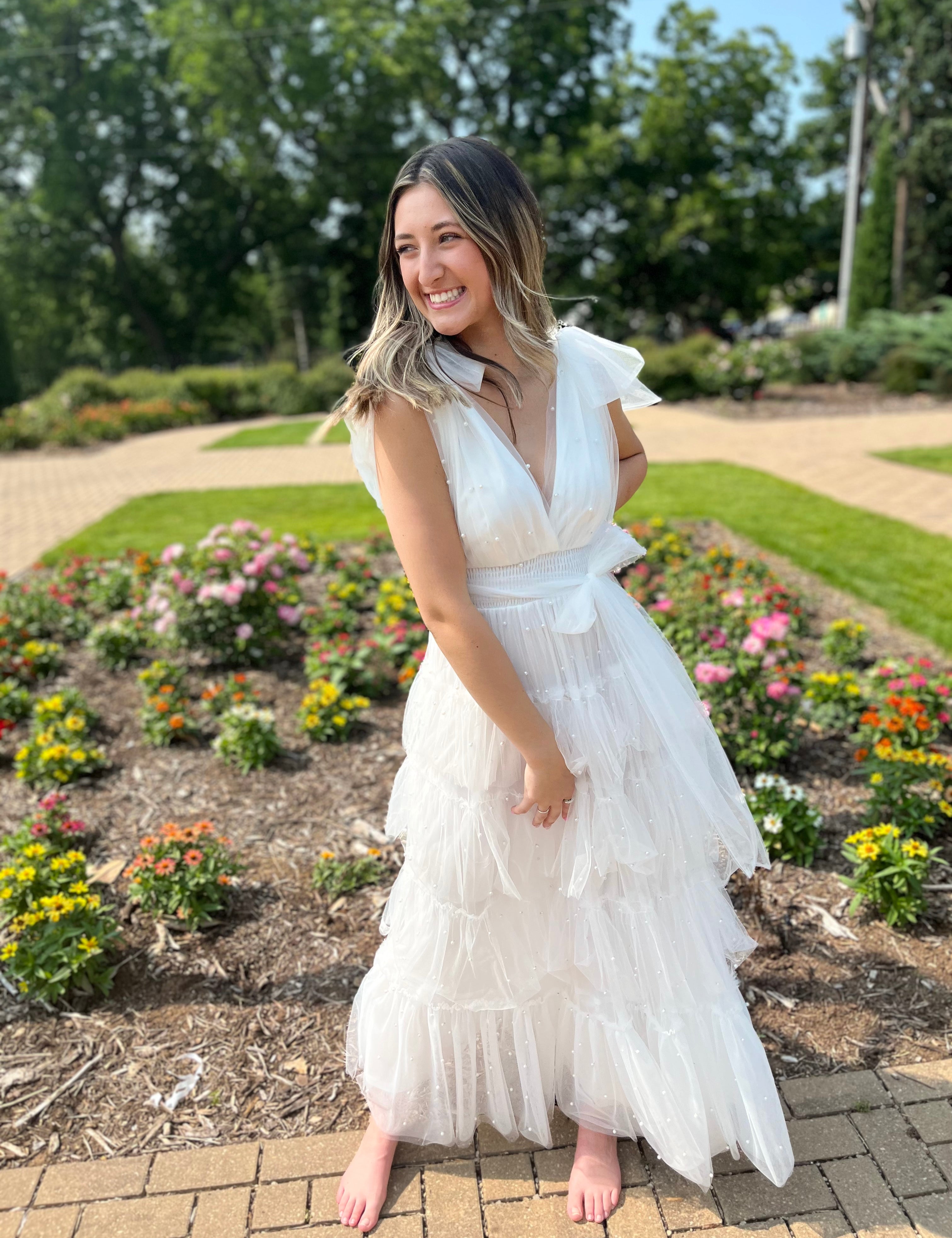 Reach Out To You White Pearl Mesh Maxi Dress