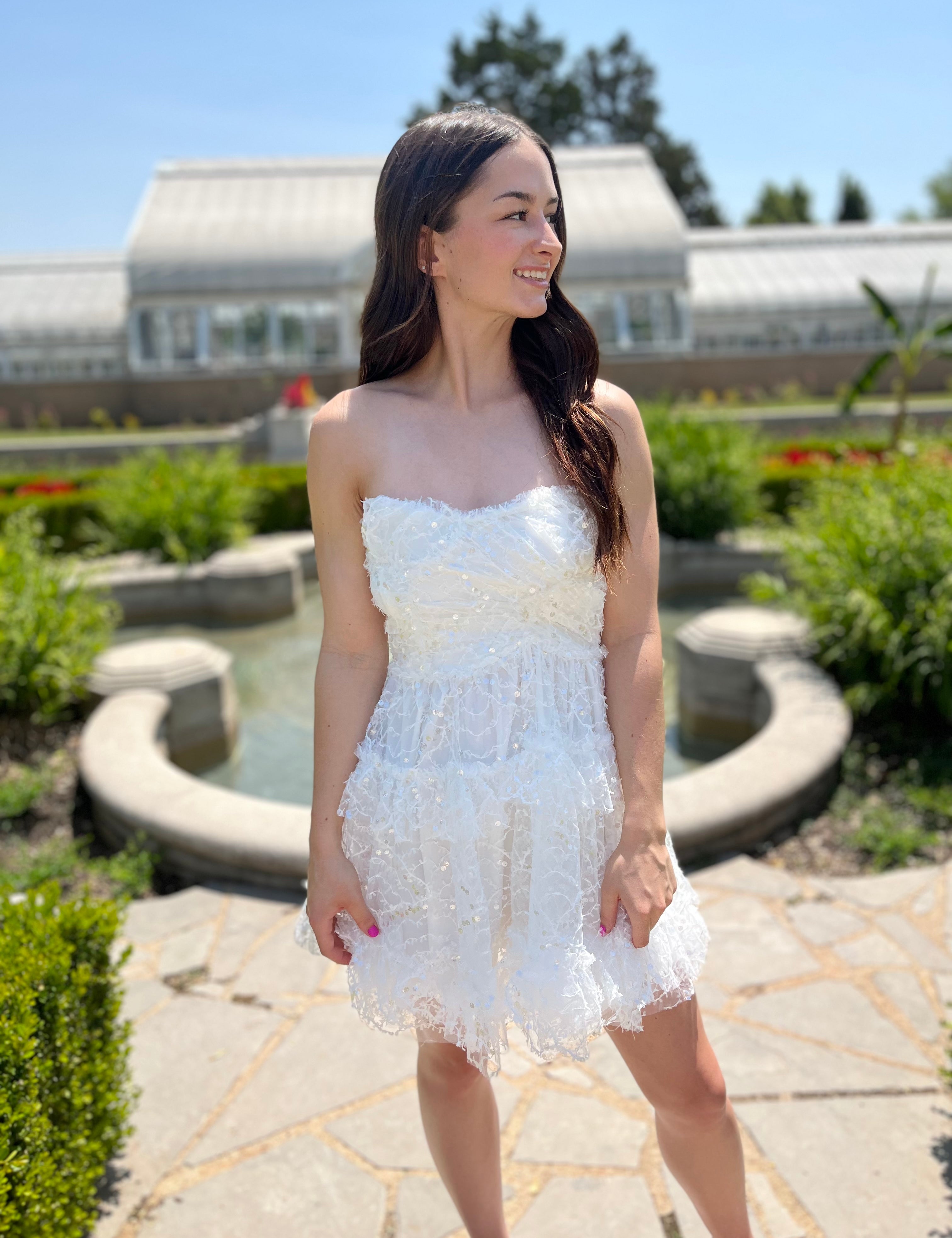 Sleeveless White Sequin and Lace Dress