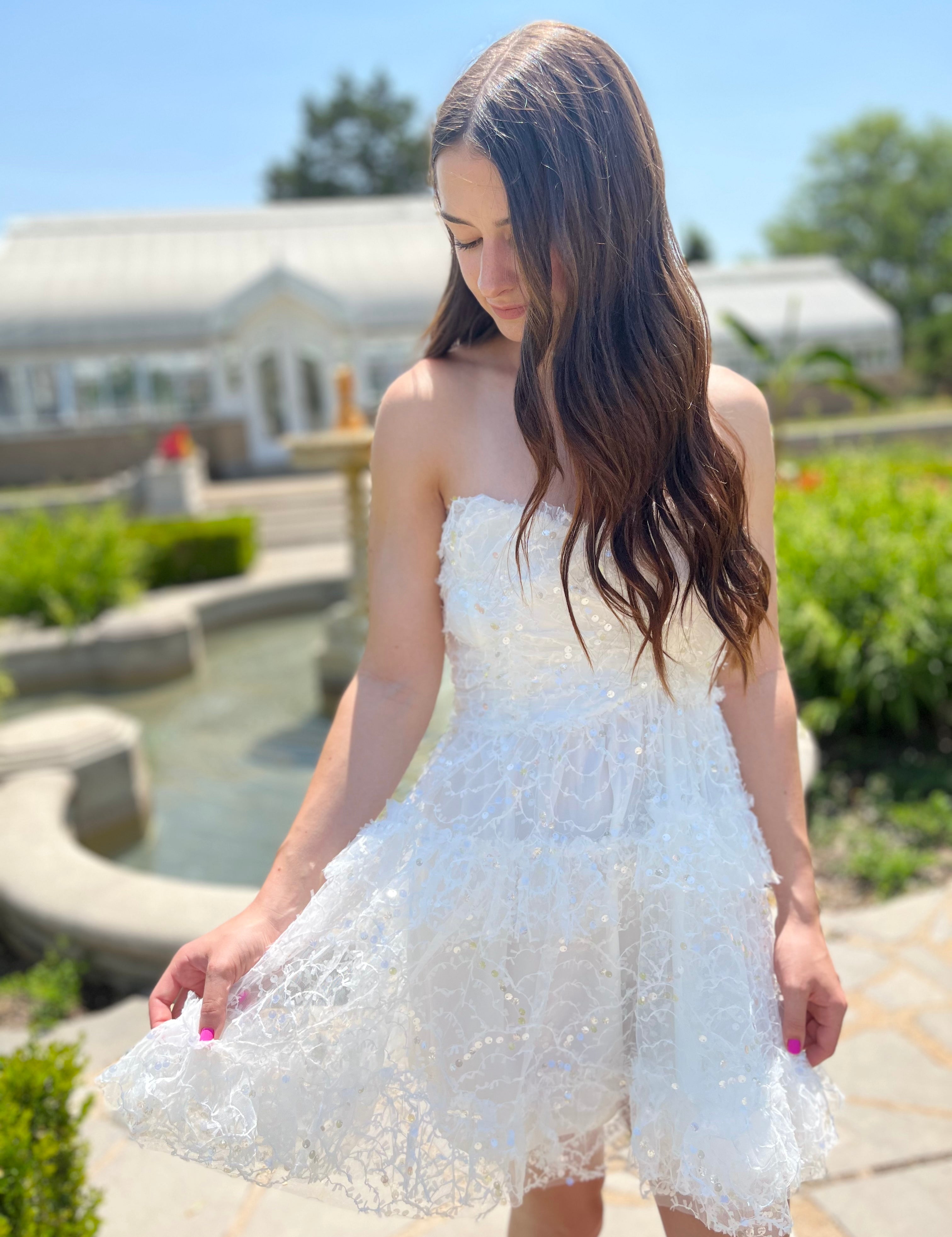 Sleeveless White Sequin and Lace Dress