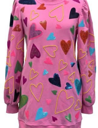 Groovy Hearts All Over Sweatshirt Dress - Pink [Queen of Sparkles]