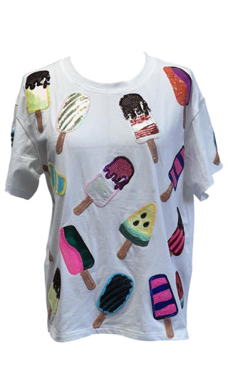 Child Size Scattered Multi Color Popsicle Tee - White [Queen of Sparkles]