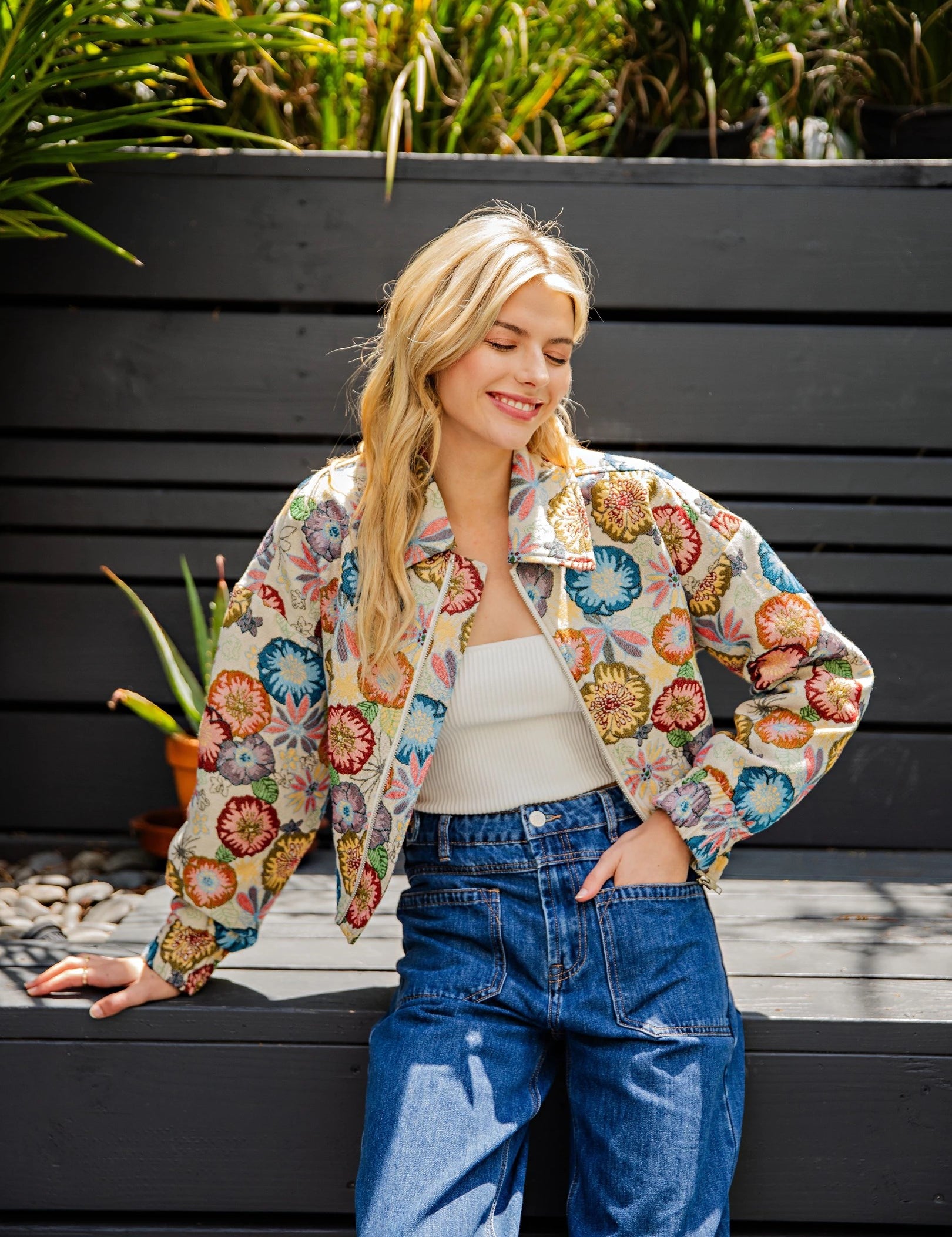 Dahlia Retro Floral Cropped Jacket - Flower Power