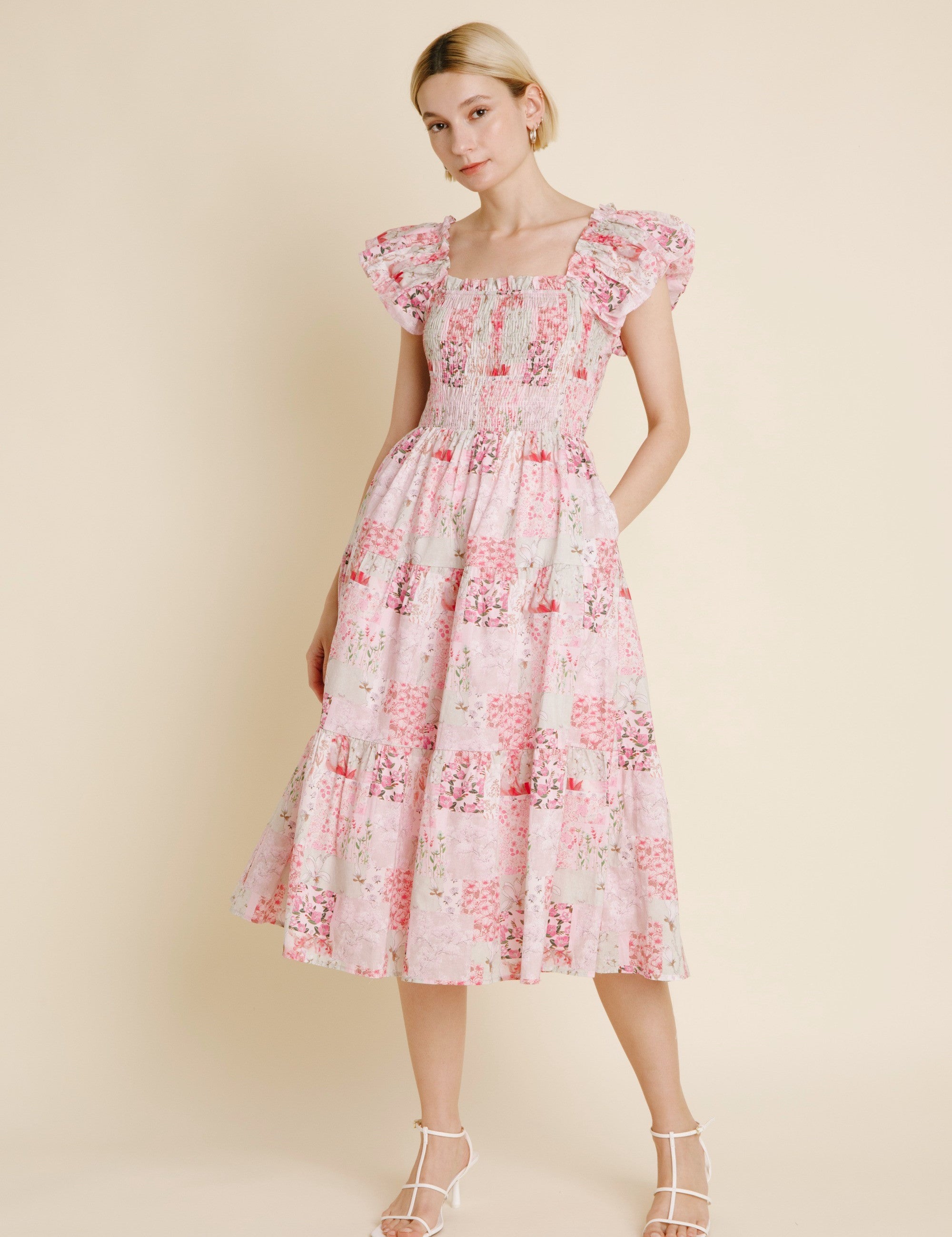 Abigail Patchwork Tiered Midi Dress - Pink