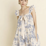 Caroline Toile Ruffle Mini Dress - Blue