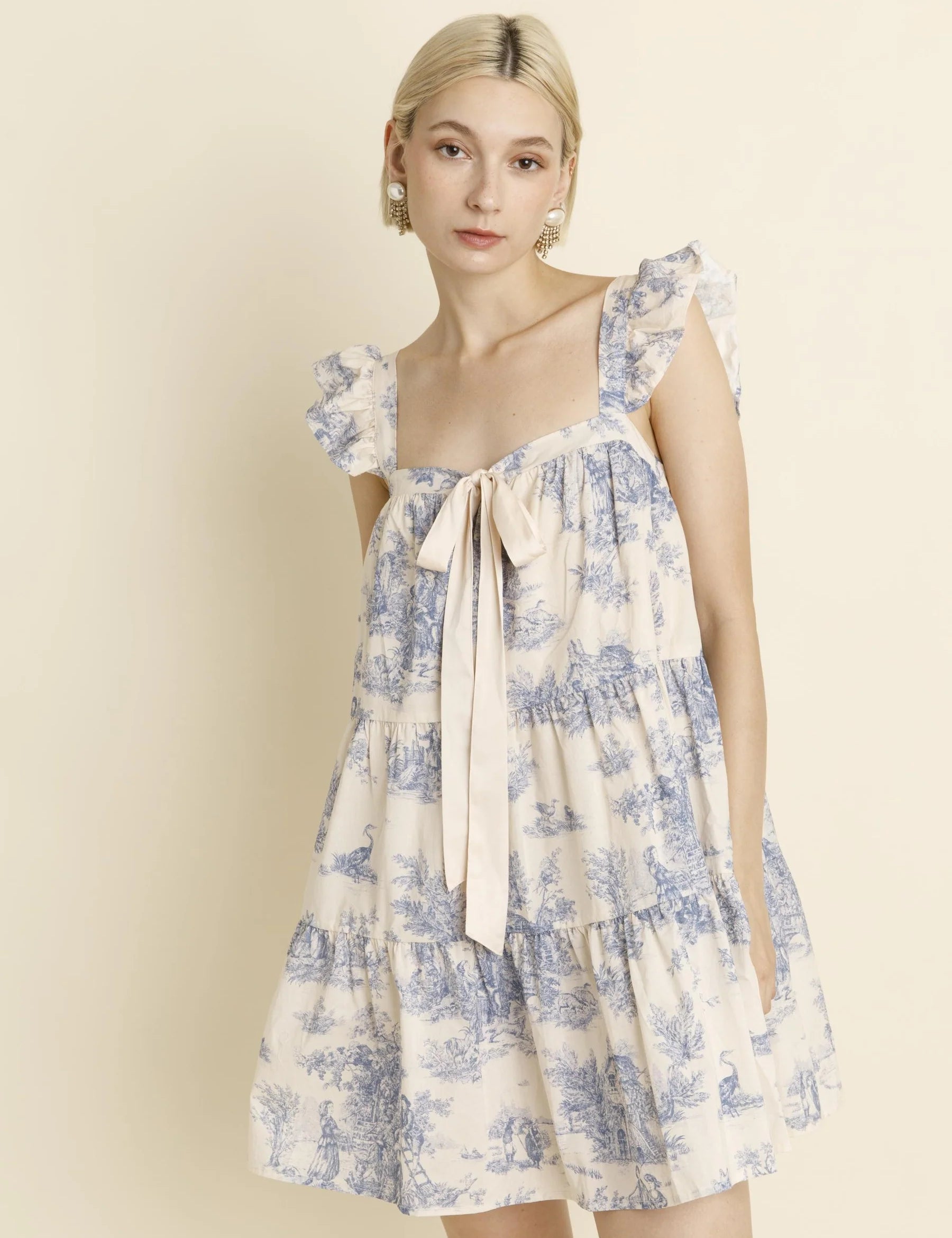 Caroline Toile Ruffle Mini Dress - Blue