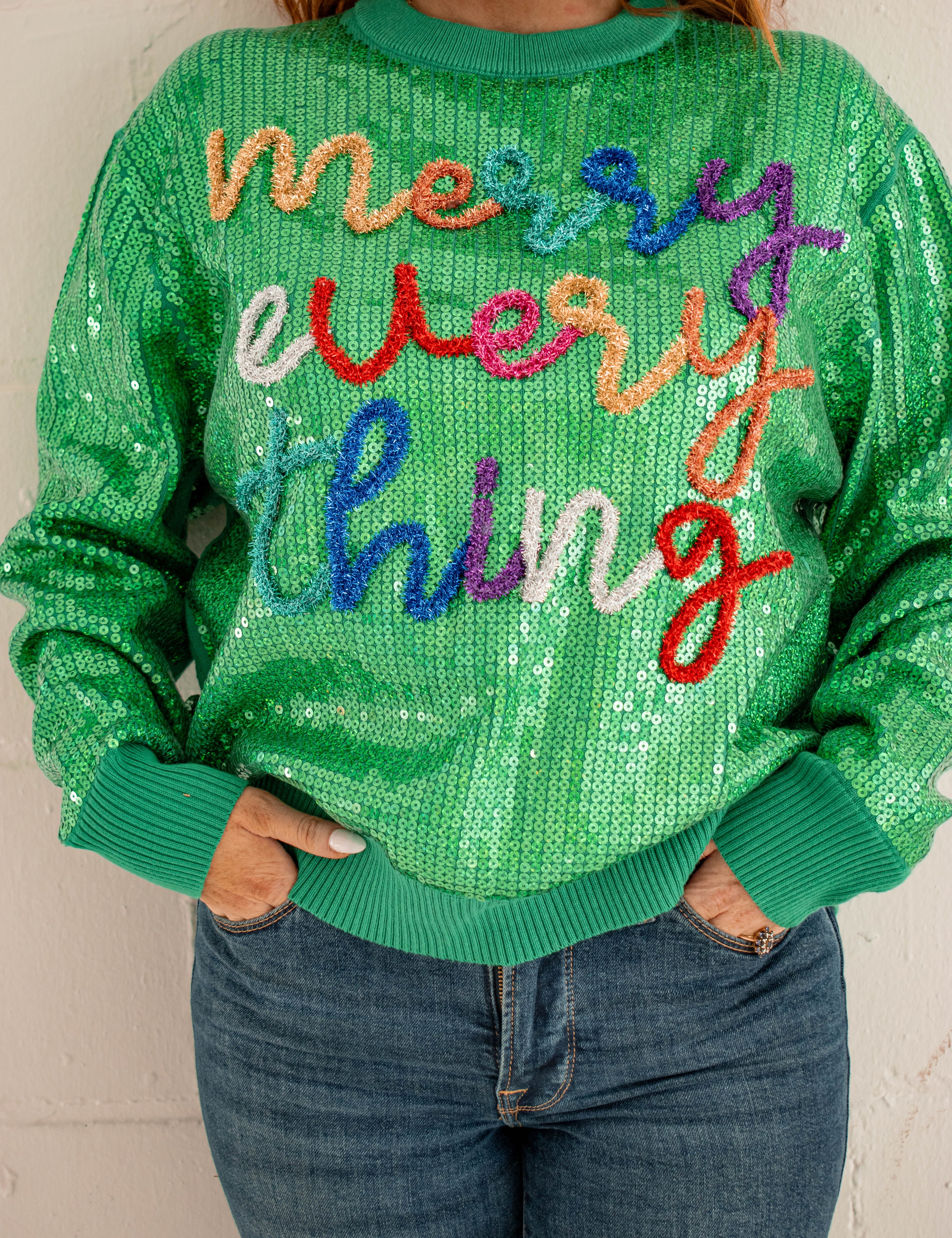 Full Sequin Merry Everything Sweater Green Queen of Sparkles