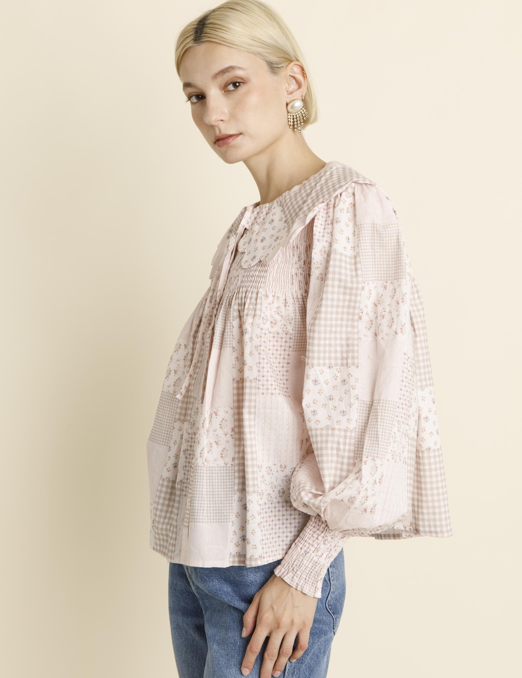 Felicity Scallop Collar Tile Print Blouse - Pink Tile