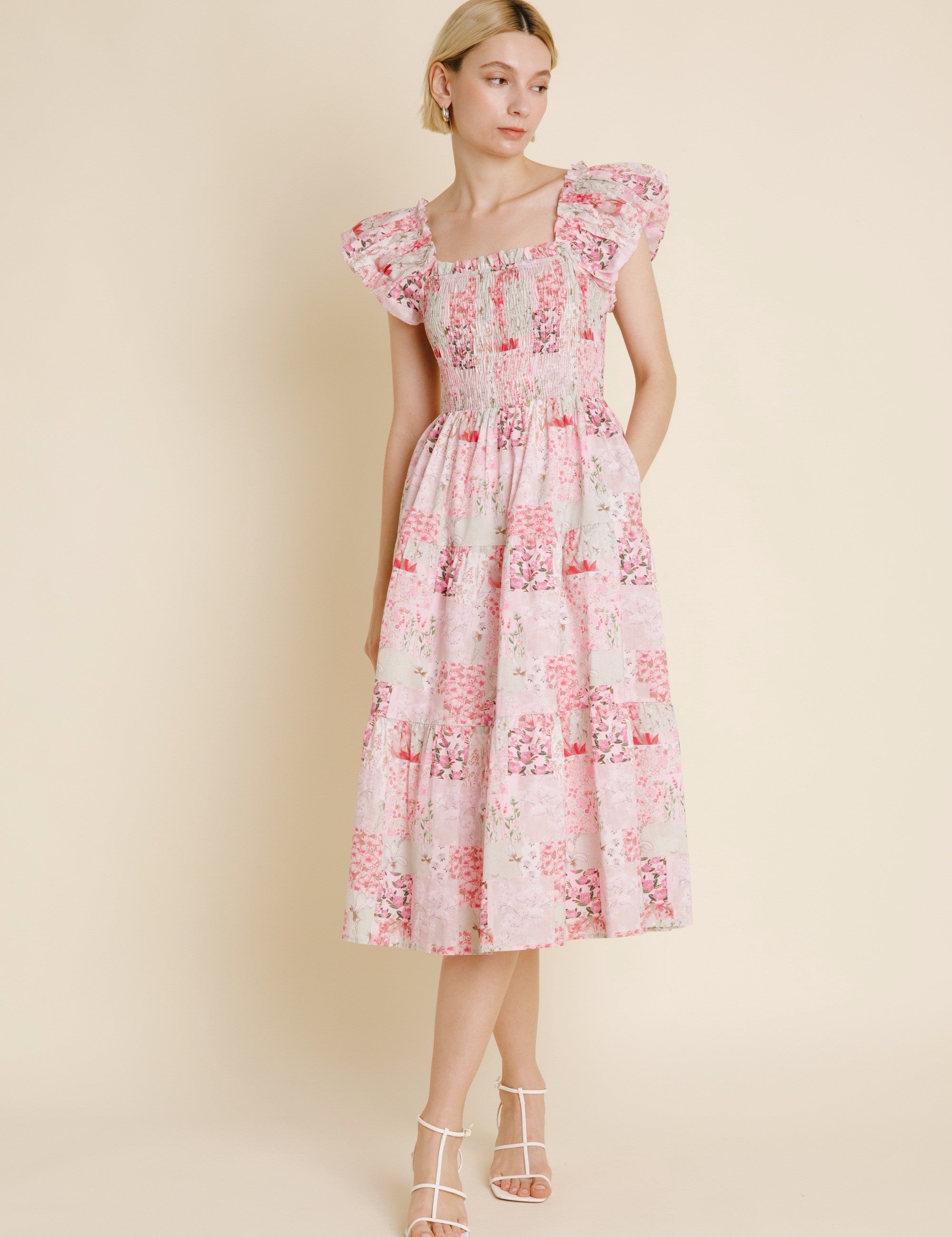 Abigail Patchwork Tiered Midi Dress - Pink