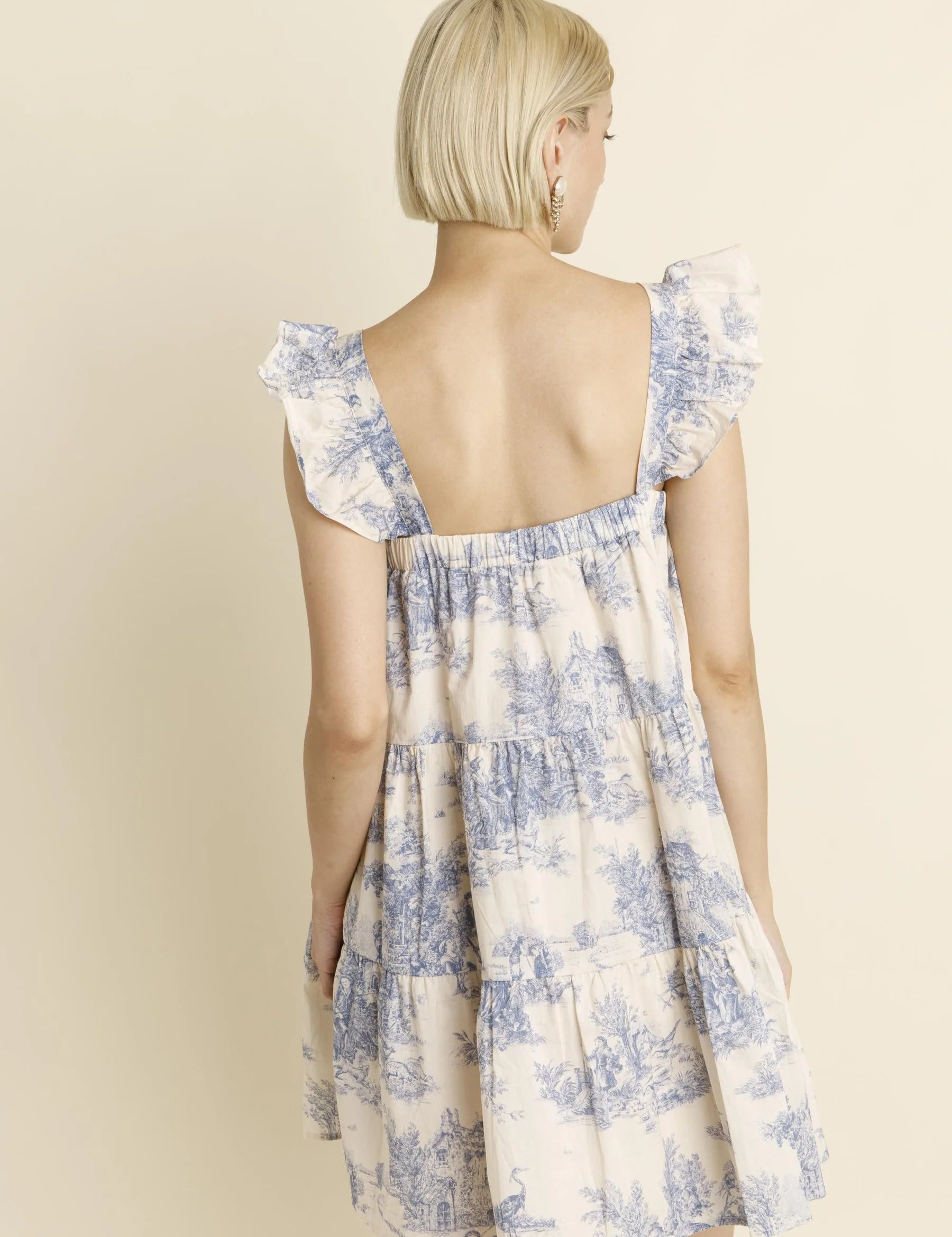 Caroline Toile Ruffle Mini Dress - Blue