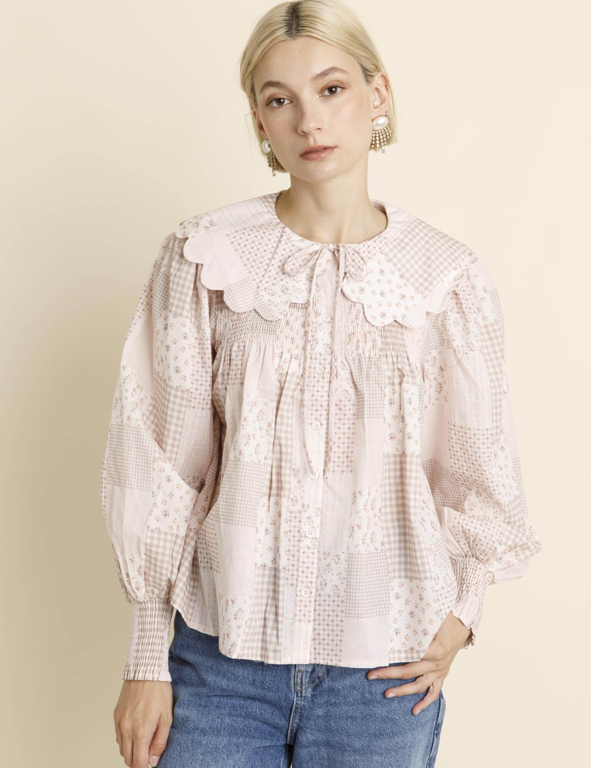 Felicity Scallop Collar Tile Print Blouse - Pink Tile