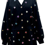 Button Up Multi Jeweled Heart Cardigan - Black [Queen of Sparkles]