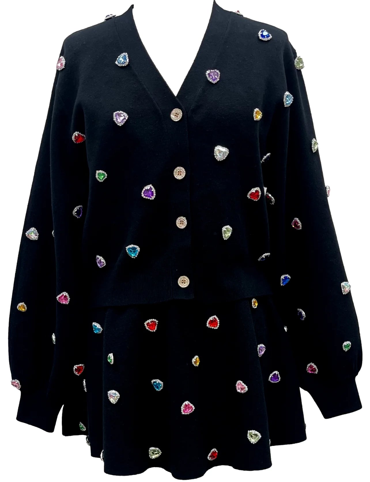 Button Up Multi Jeweled Heart Cardigan - Black [Queen of Sparkles]