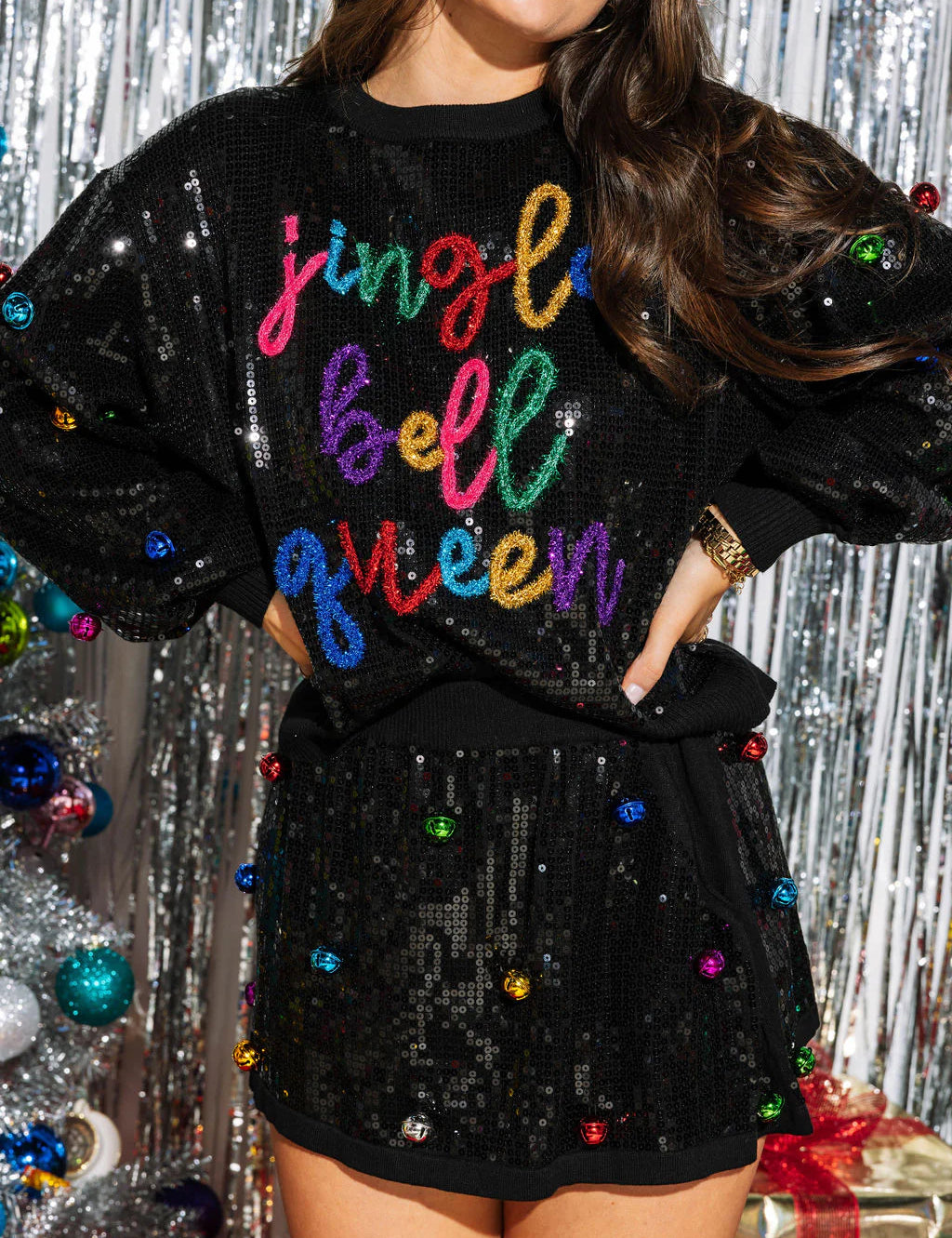 Full Sequin Jingle Bell Queen Sweater Black Queen of Sparkles