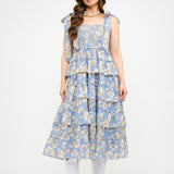 Bri Floral Ruffle Tiered Midi Dress - Blue