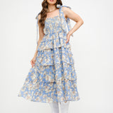 Bri Floral Ruffle Tiered Midi Dress - Blue