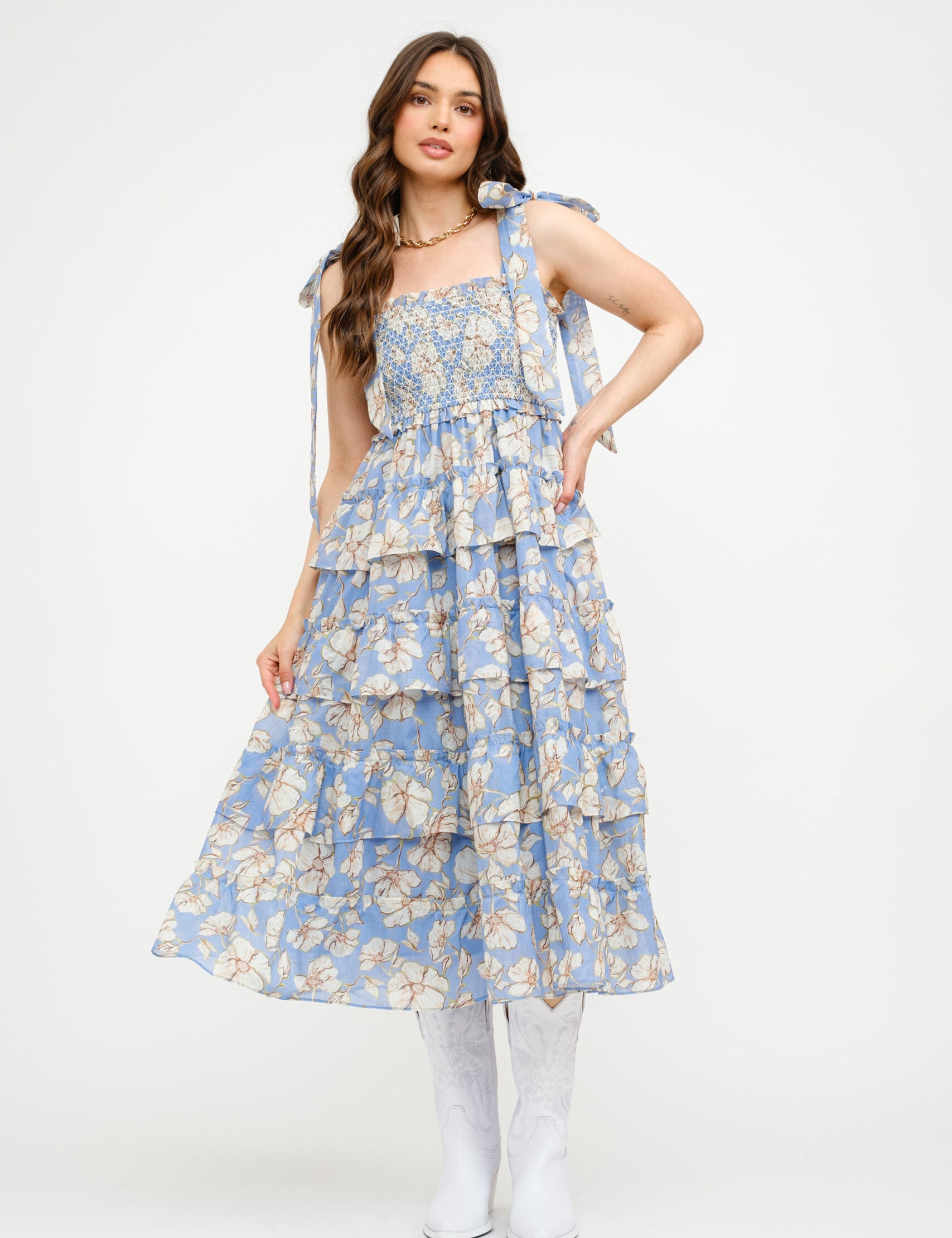 Bri Floral Ruffle Tiered Midi Dress - Blue