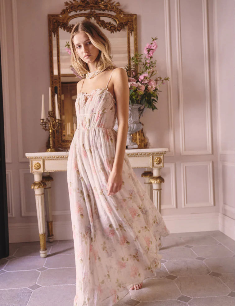 Santee Lurex Chiffon Floral Maxi Dress - Pearl Drop [LoveShackFancy]