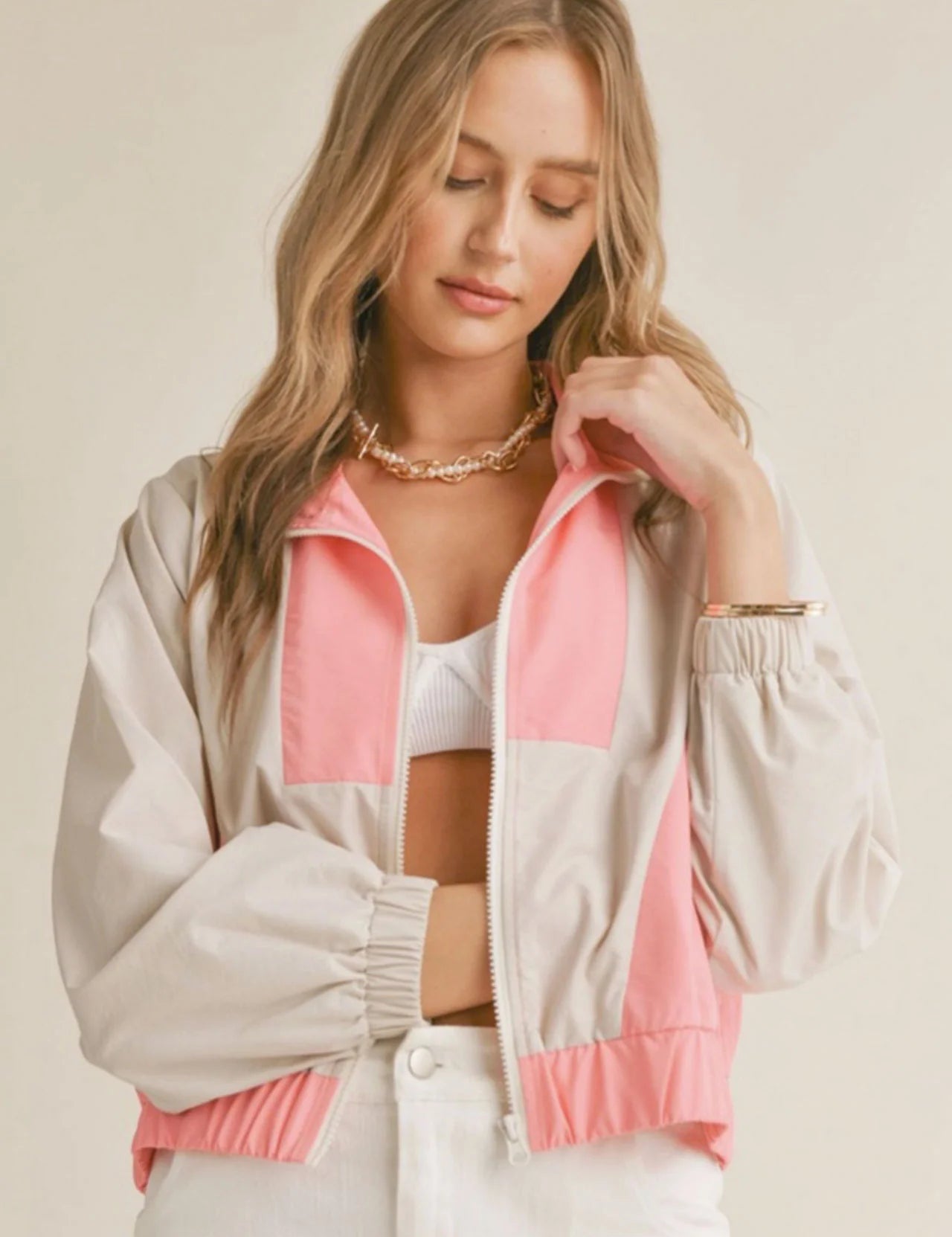 Airy Colorblock Windbreaker Cream Pink