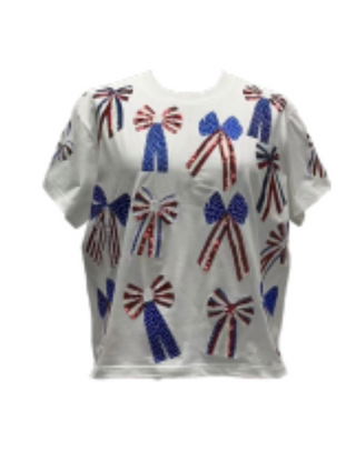 Red, White & Blue Scattered Bow Tee - White [Queen of Sparkles]