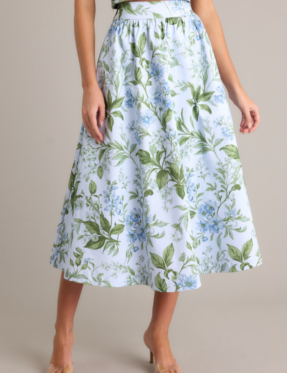 Thena Belted Midi Skirt - Blue Lilacs Botanical [Prosperina]