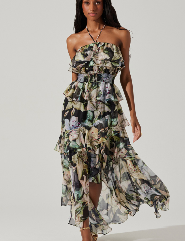 Elena Floral Halter Neck Dress - Black & White [ASTR]