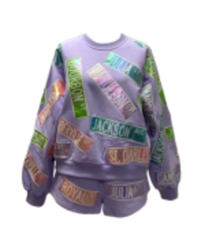 Mardi Gras Metallic Street Signs Sweatshirt - Lavender [Queen of Sparkles]