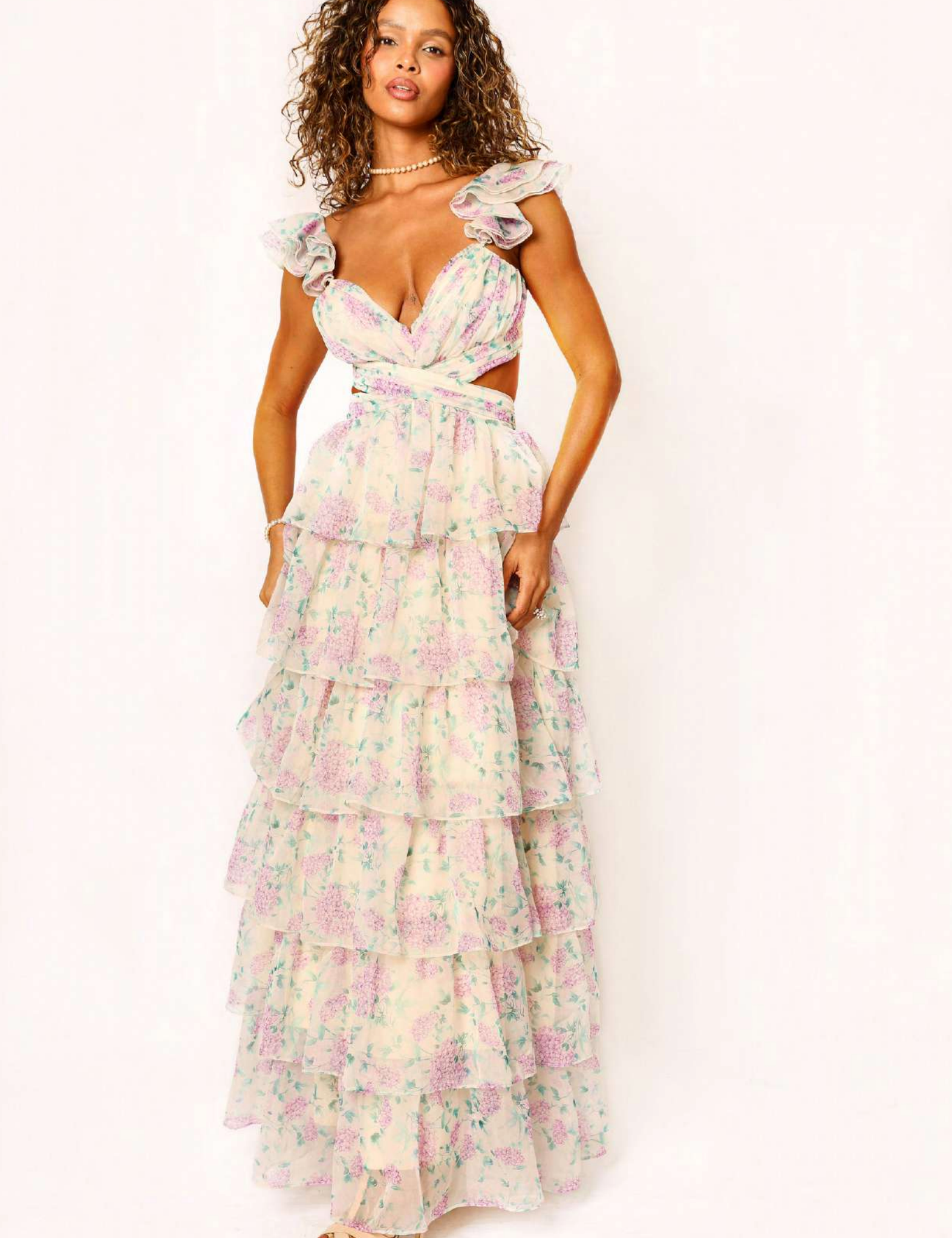 Ofilia Ruffle Floral Maxi Dress - Ivory Hydrangea Floral [Amy Jane London]