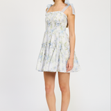 Scarlet Smocked Organza Tie Mini Dress - Blue Sage Floral [En Saison]